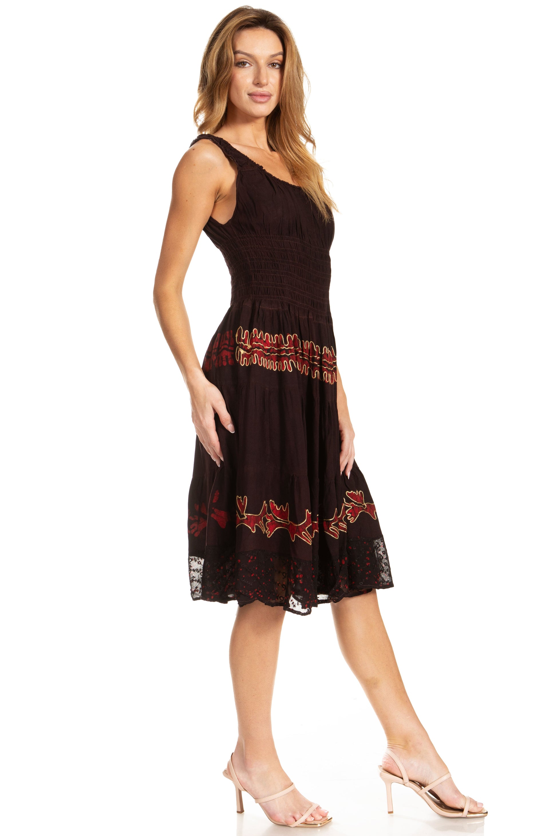 Sakkas Alba Women's Off The Shoulder Smock Ruffle Midi Dress Tie Dye & Embroidery - Concordia Style Boutique