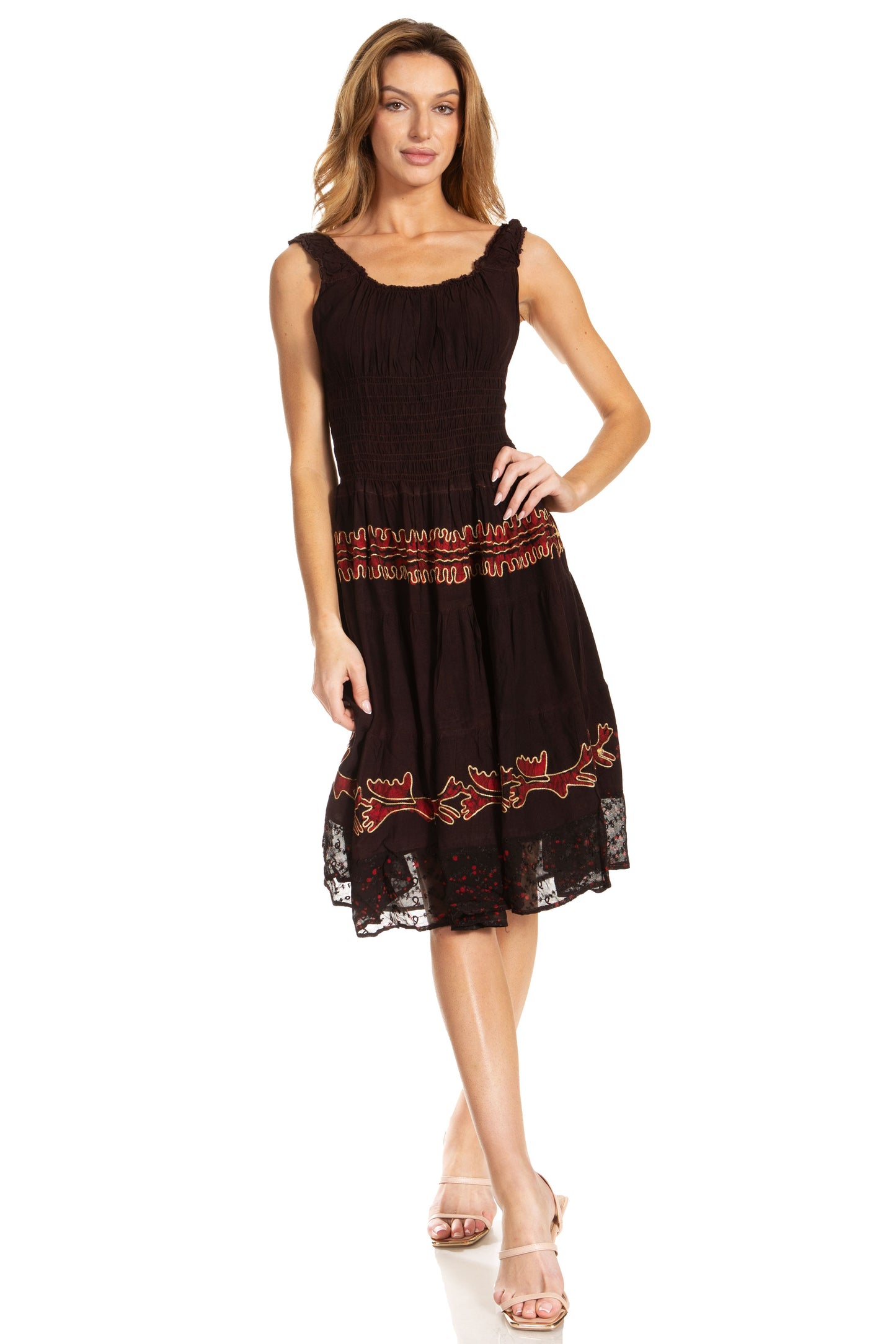 Sakkas Alba Women's Off The Shoulder Smock Ruffle Midi Dress Tie Dye & Embroidery - Concordia Style Boutique