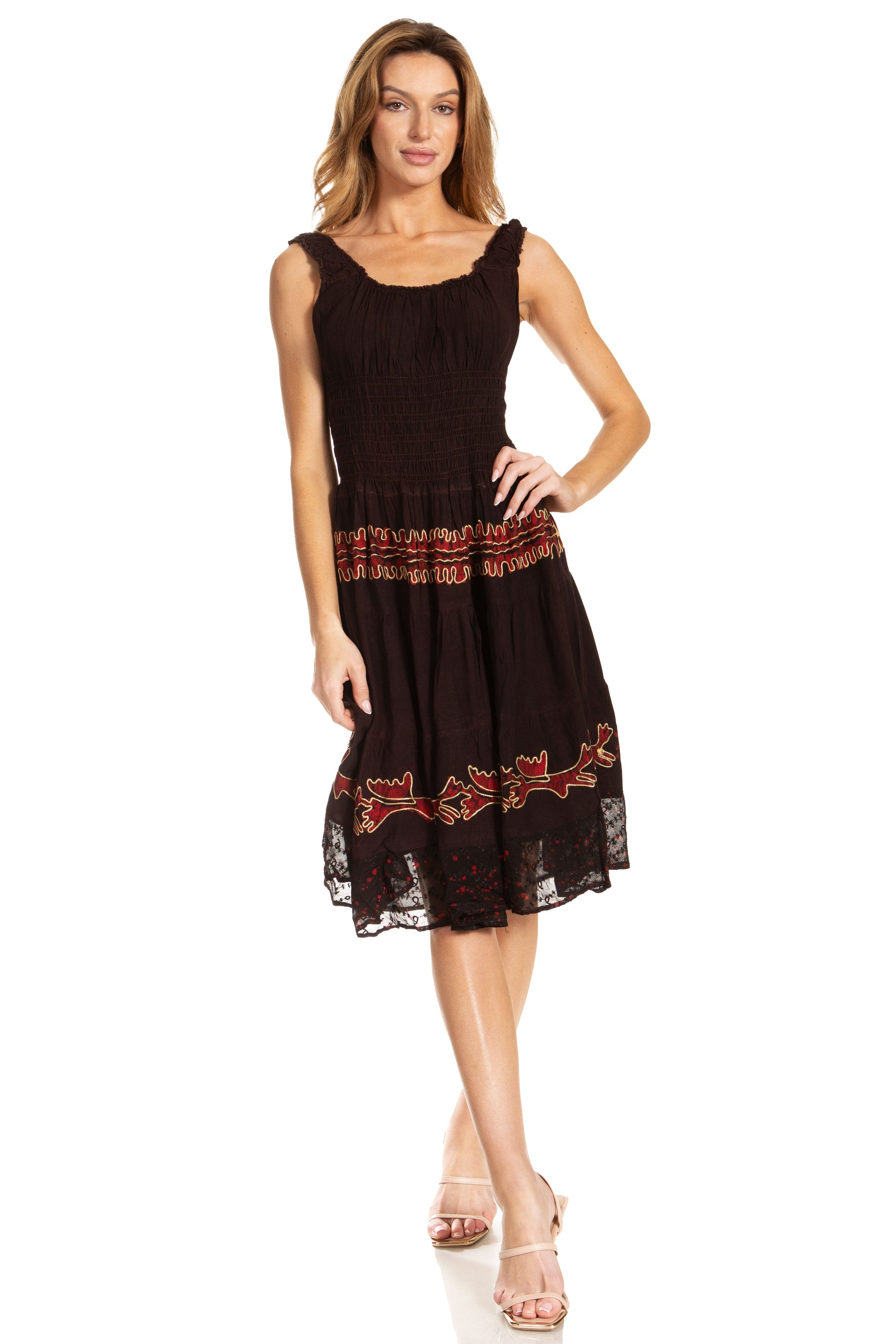 Sakkas Alba Women's Off The Shoulder Smock Ruffle Midi Dress Tie Dye & Embroidery - Concordia Style Boutique
