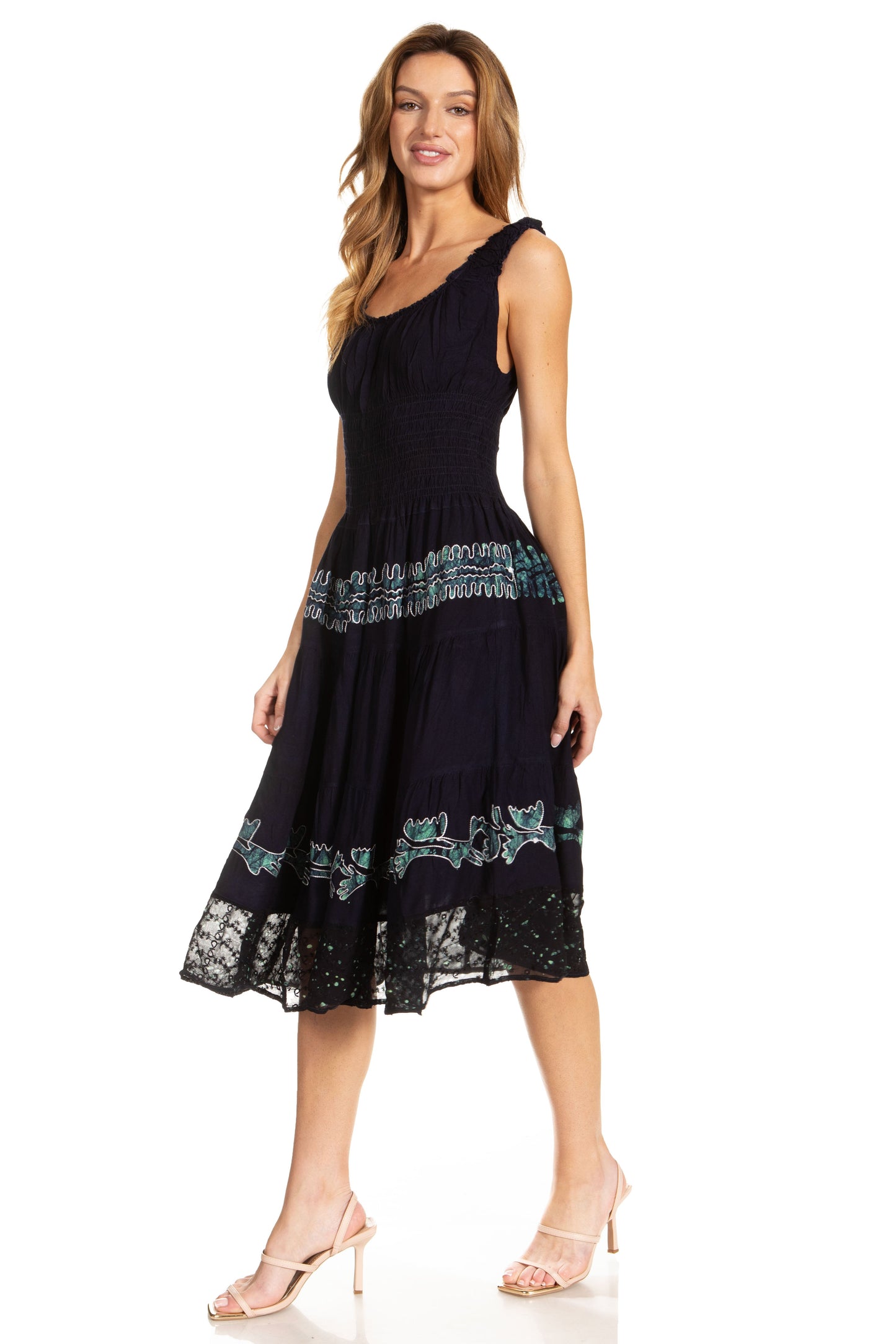 Sakkas Alba Women's Off The Shoulder Smock Ruffle Midi Dress Tie Dye & Embroidery - Concordia Style Boutique