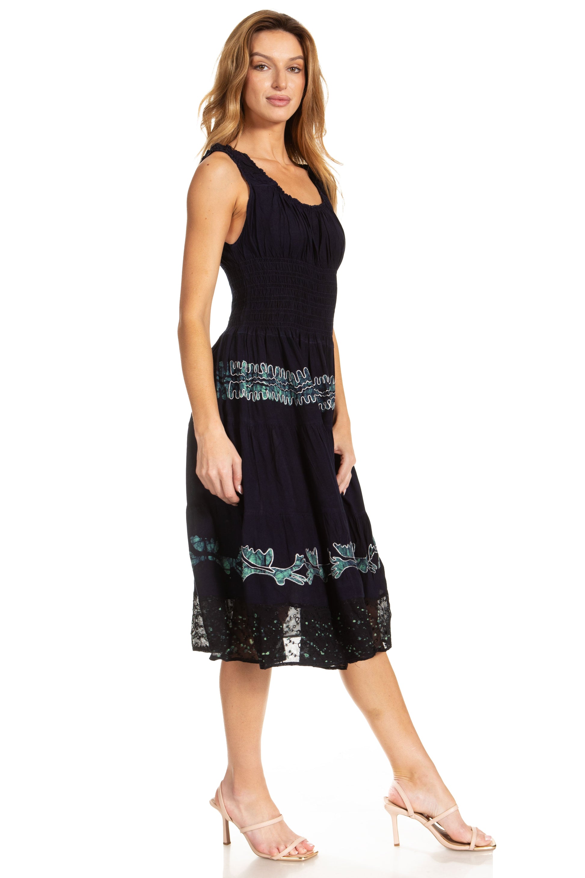 Sakkas Alba Women's Off The Shoulder Smock Ruffle Midi Dress Tie Dye & Embroidery - Concordia Style Boutique