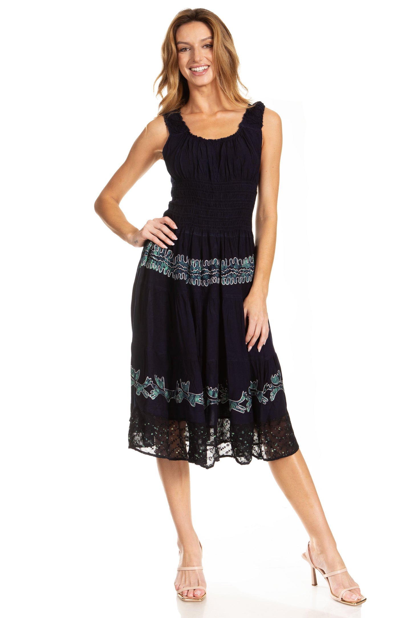 Sakkas Alba Women's Off The Shoulder Smock Ruffle Midi Dress Tie Dye & Embroidery - Concordia Style Boutique