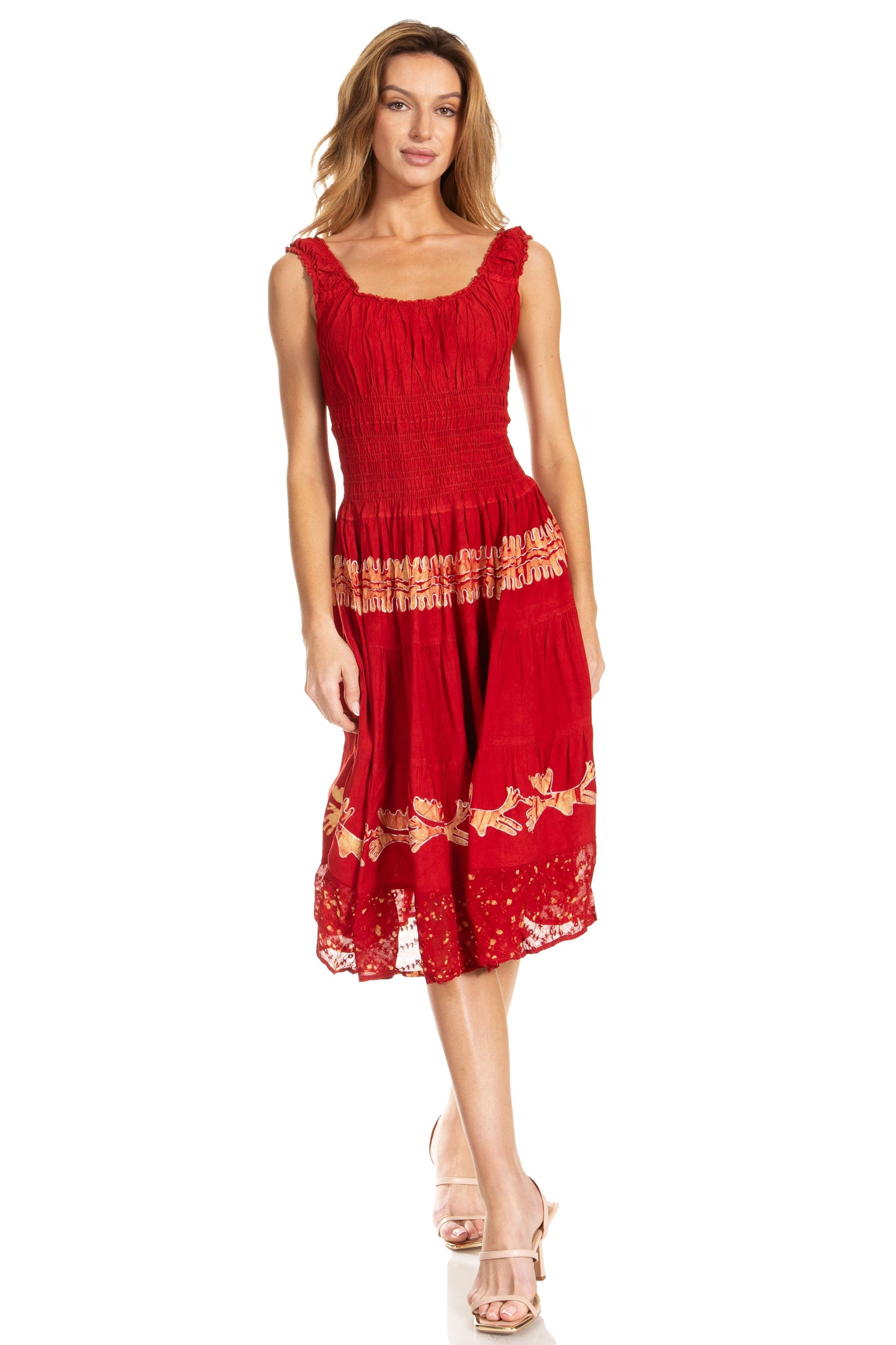 Sakkas Alba Women's Off The Shoulder Smock Ruffle Midi Dress Tie Dye & Embroidery - Concordia Style Boutique