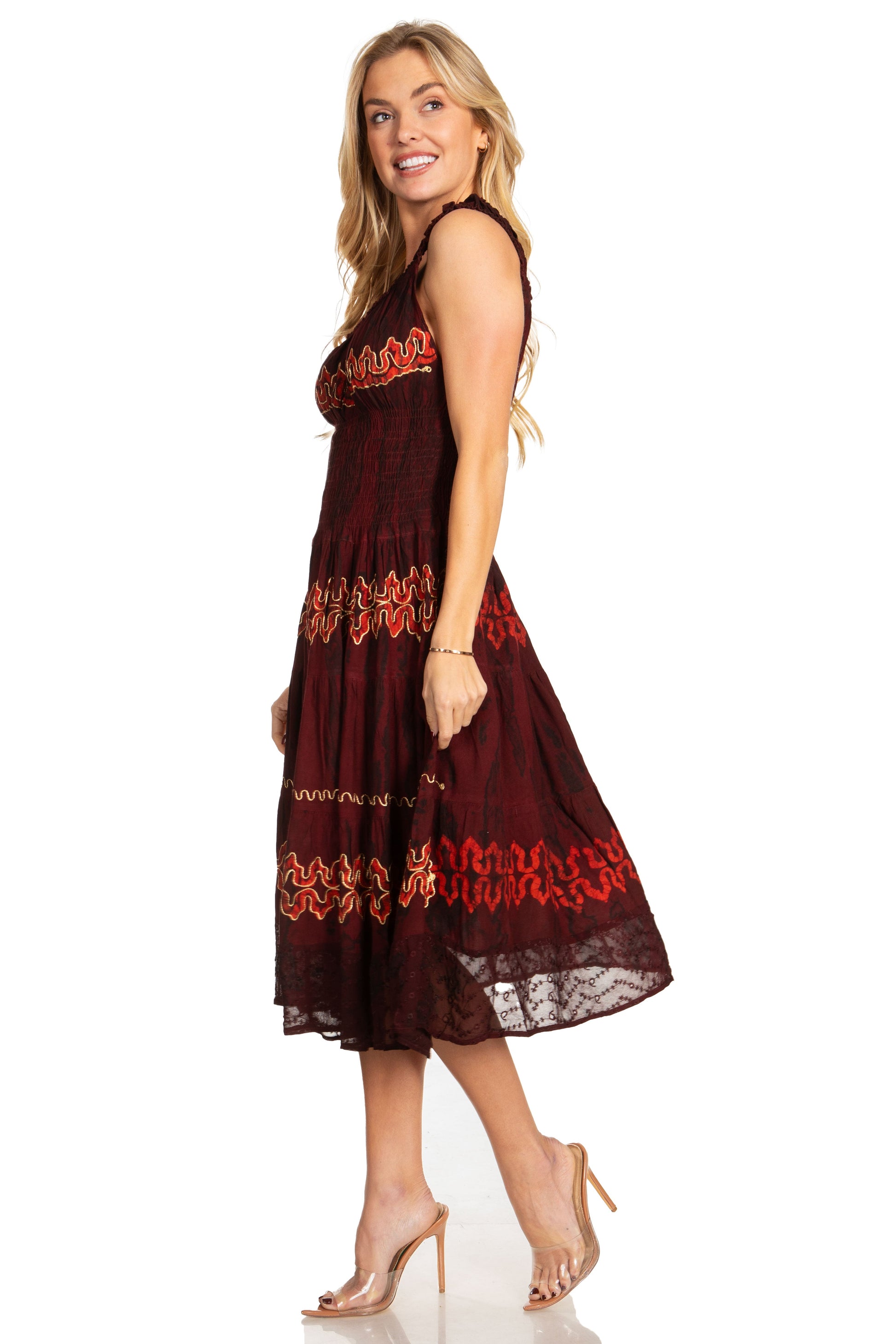 Sakkas Alba Women's Off The Shoulder Smock Ruffle Midi Dress Tie Dye & Embroidery - Concordia Style Boutique
