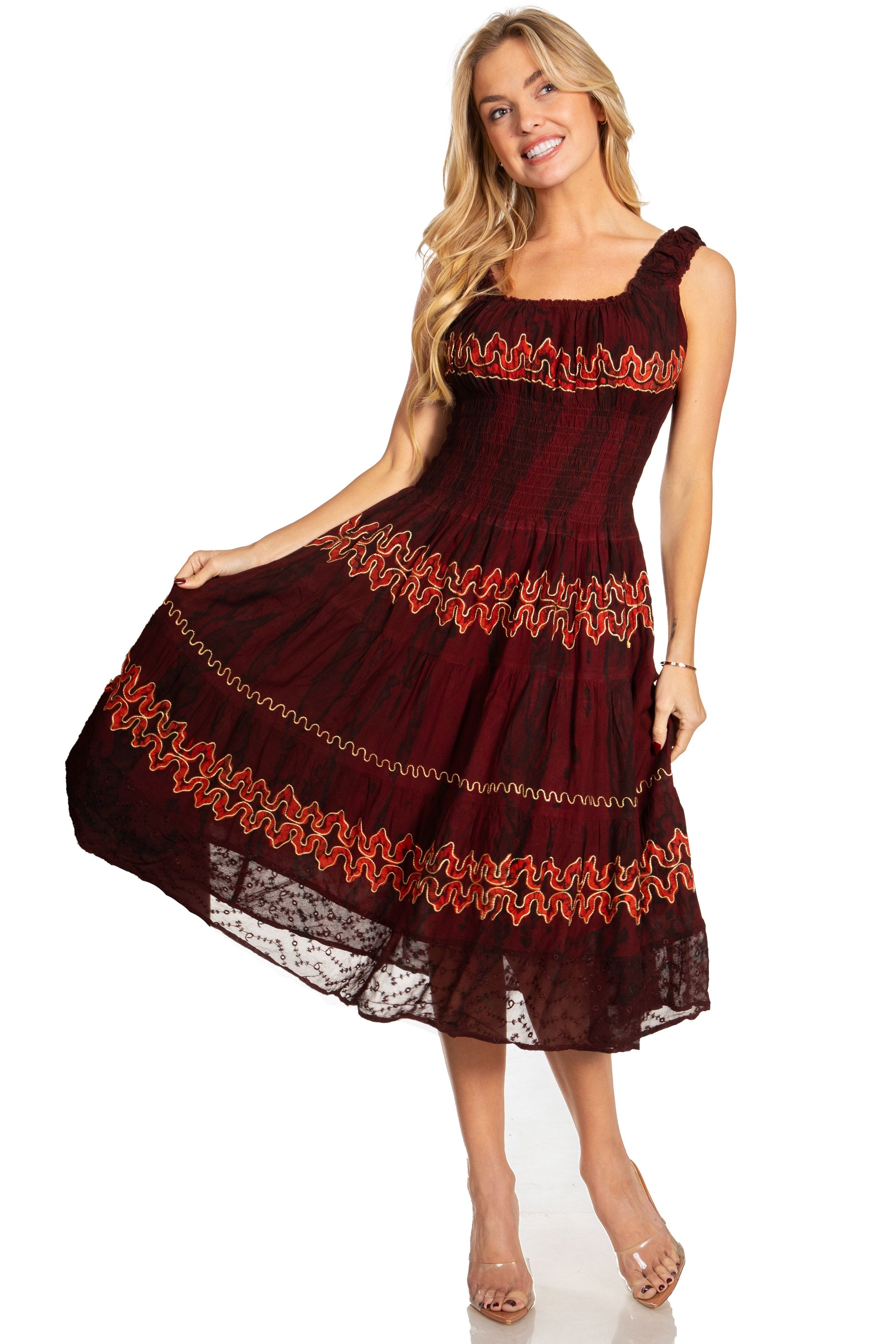 Sakkas Alba Women's Off The Shoulder Smock Ruffle Midi Dress Tie Dye & Embroidery - Concordia Style Boutique