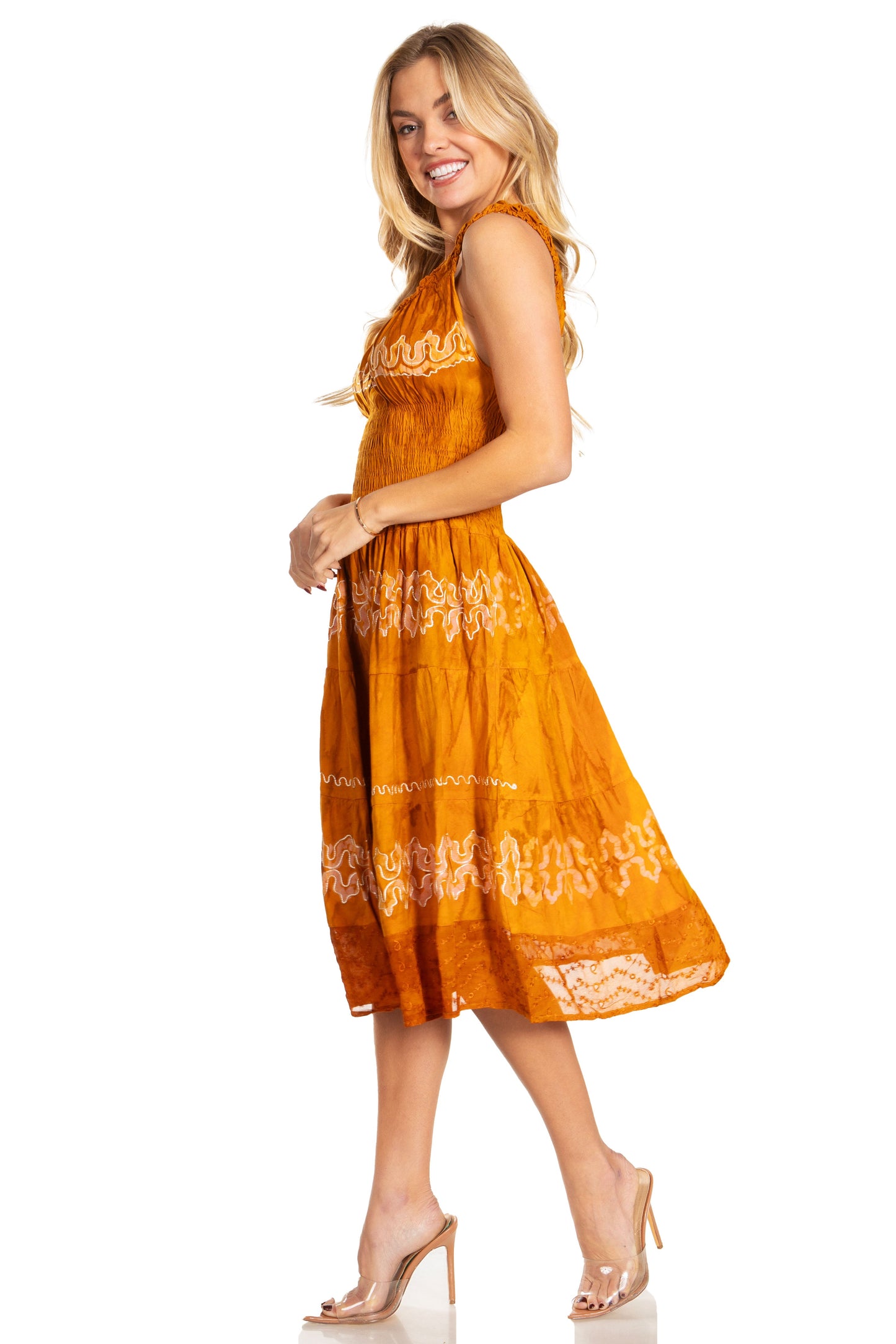 Sakkas Alba Women's Off The Shoulder Smock Ruffle Midi Dress Tie Dye & Embroidery - Concordia Style Boutique