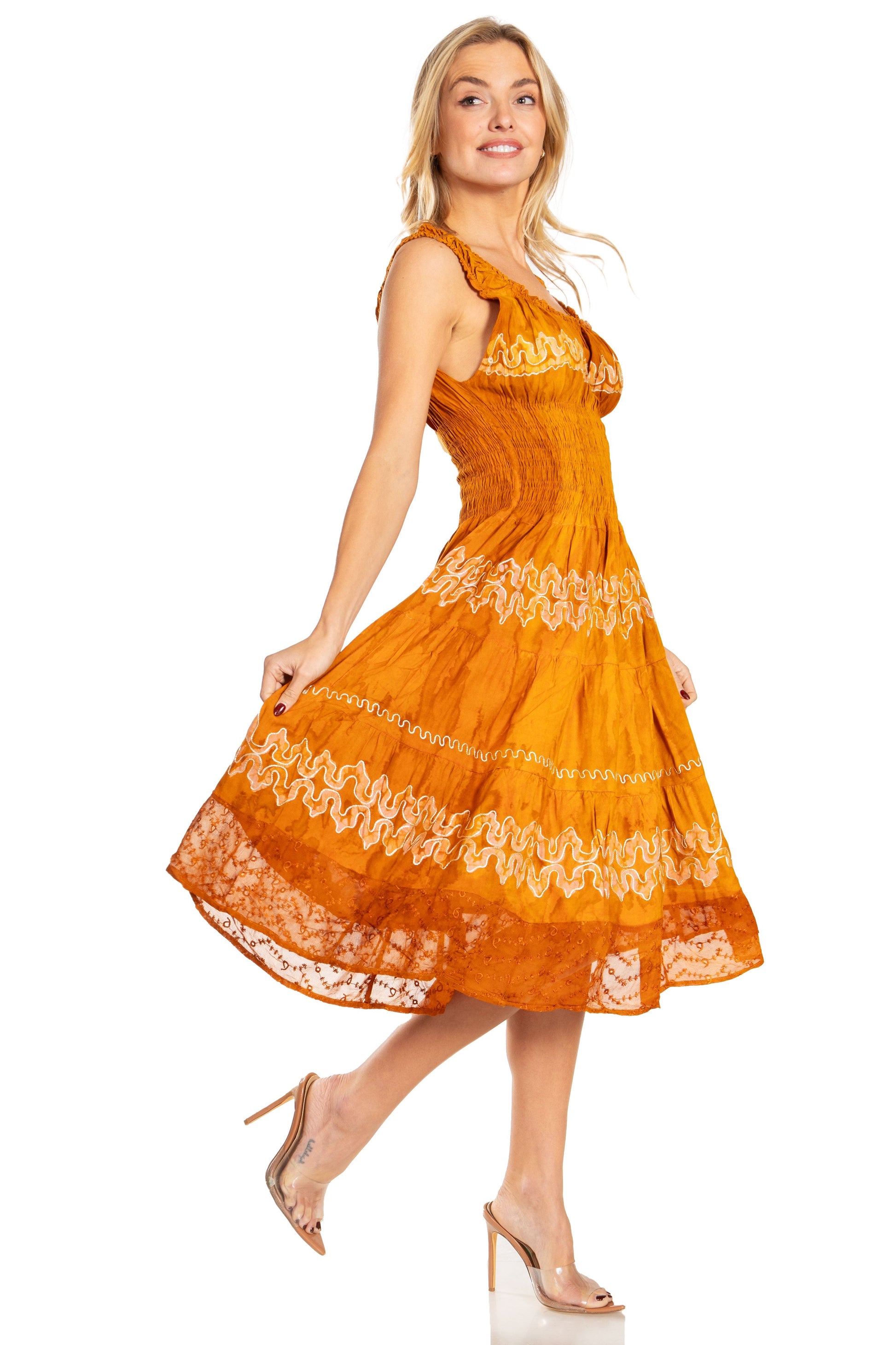 Sakkas Alba Women's Off The Shoulder Smock Ruffle Midi Dress Tie Dye & Embroidery - Concordia Style Boutique