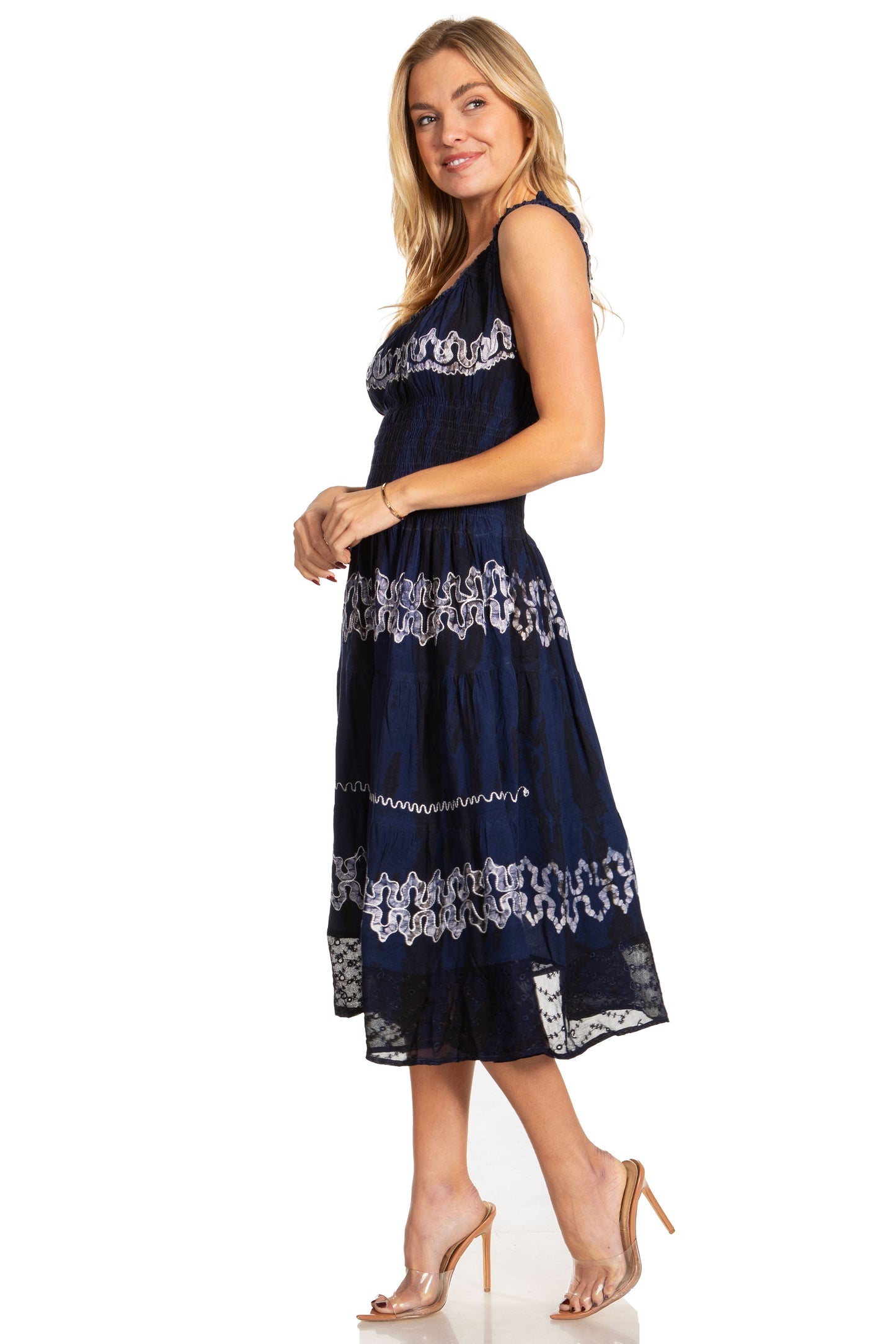 Sakkas Alba Women's Off The Shoulder Smock Ruffle Midi Dress Tie Dye & Embroidery - Concordia Style Boutique