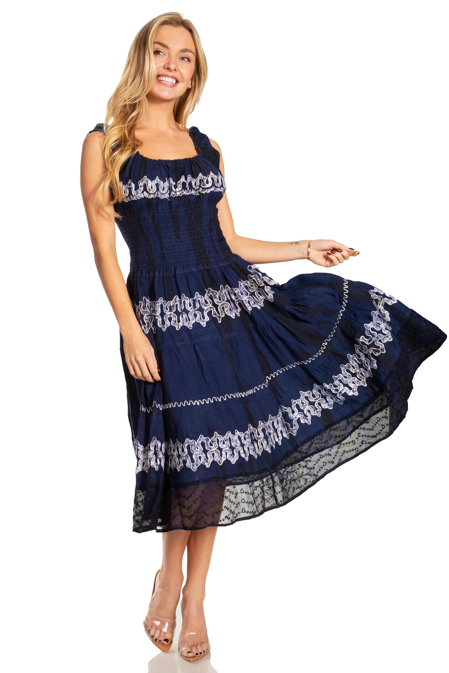 Sakkas Alba Women's Off The Shoulder Smock Ruffle Midi Dress Tie Dye & Embroidery - Concordia Style Boutique