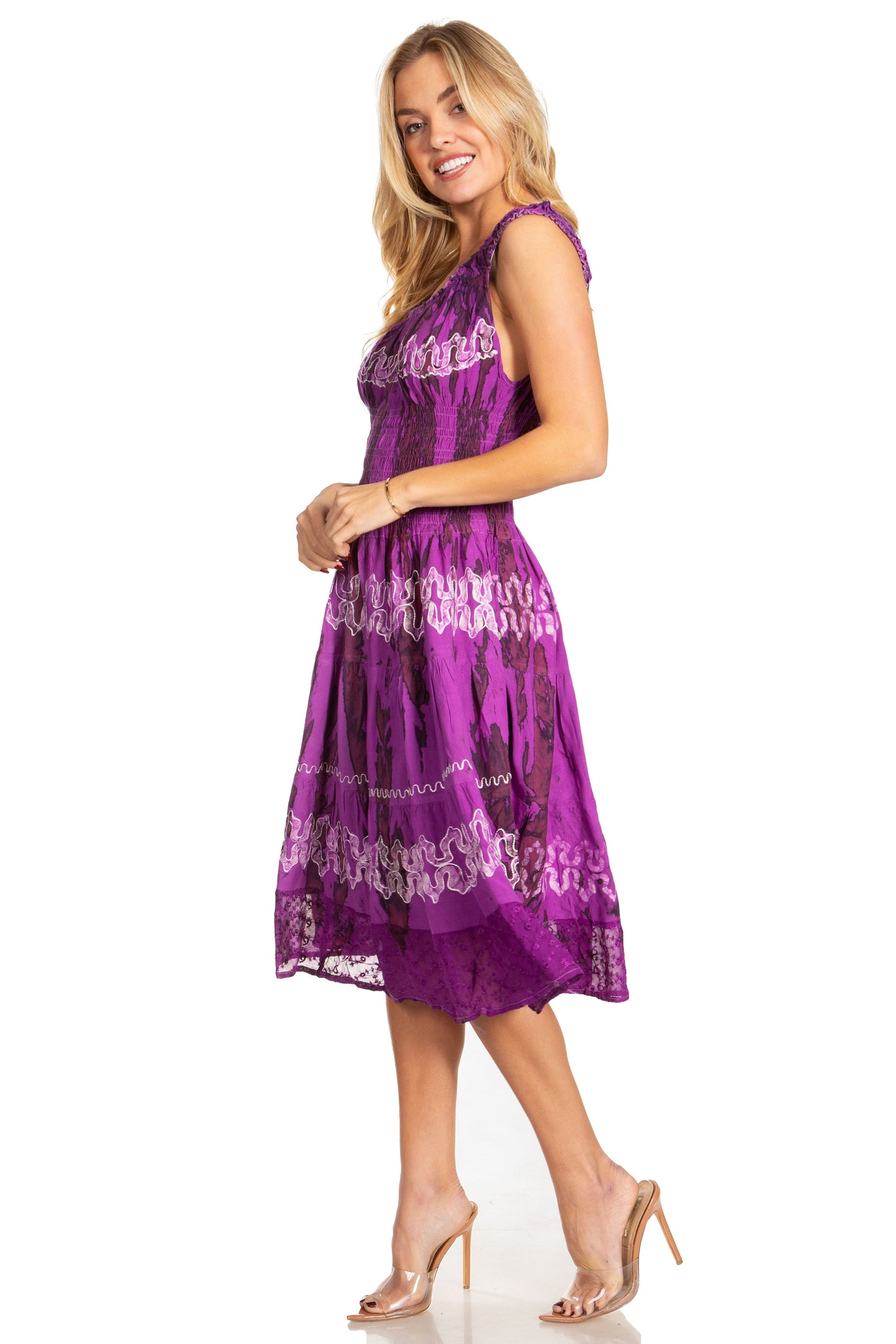 Sakkas Alba Women's Off The Shoulder Smock Ruffle Midi Dress Tie Dye & Embroidery - Concordia Style Boutique