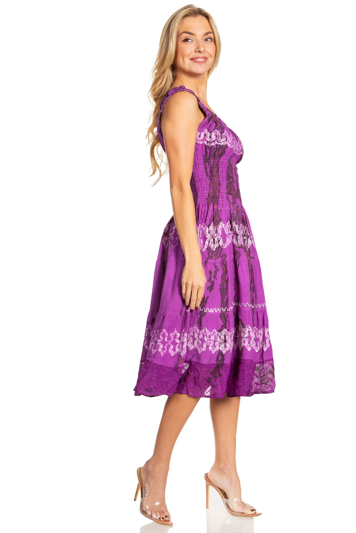 Sakkas Alba Women's Off The Shoulder Smock Ruffle Midi Dress Tie Dye & Embroidery - Concordia Style Boutique