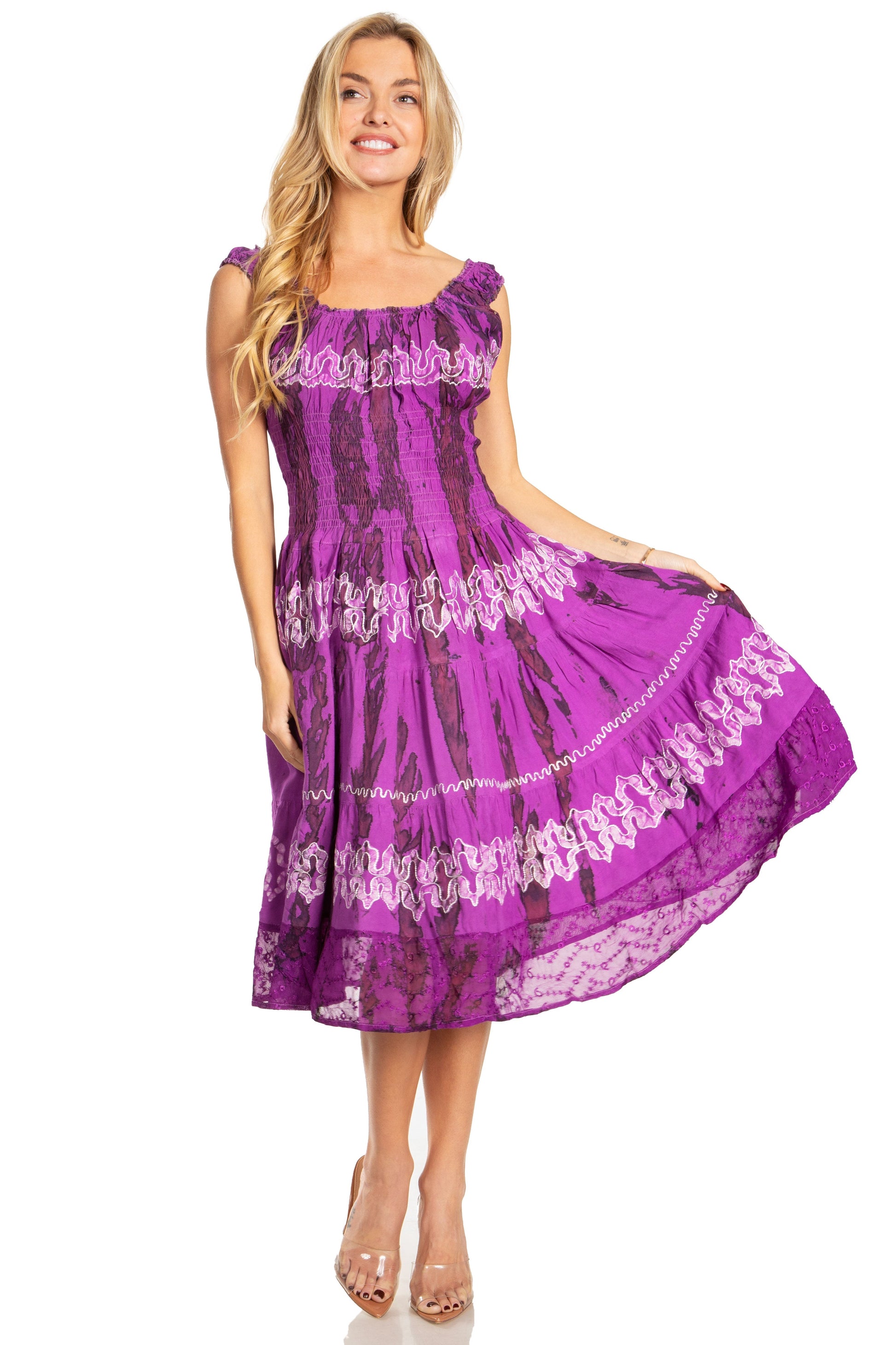 Sakkas Alba Women's Off The Shoulder Smock Ruffle Midi Dress Tie Dye & Embroidery - Concordia Style Boutique