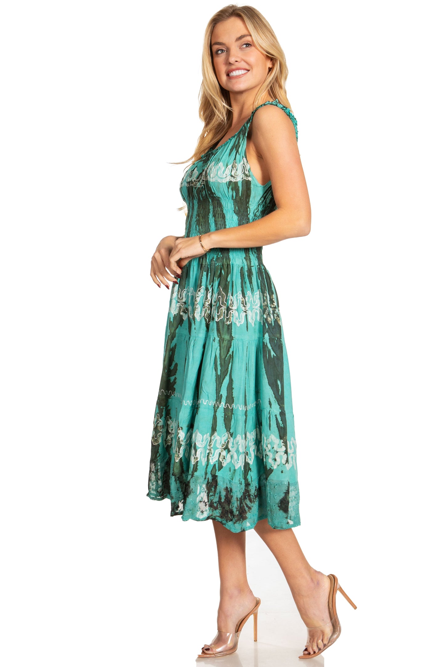 Sakkas Alba Women's Off The Shoulder Smock Ruffle Midi Dress Tie Dye & Embroidery - Concordia Style Boutique
