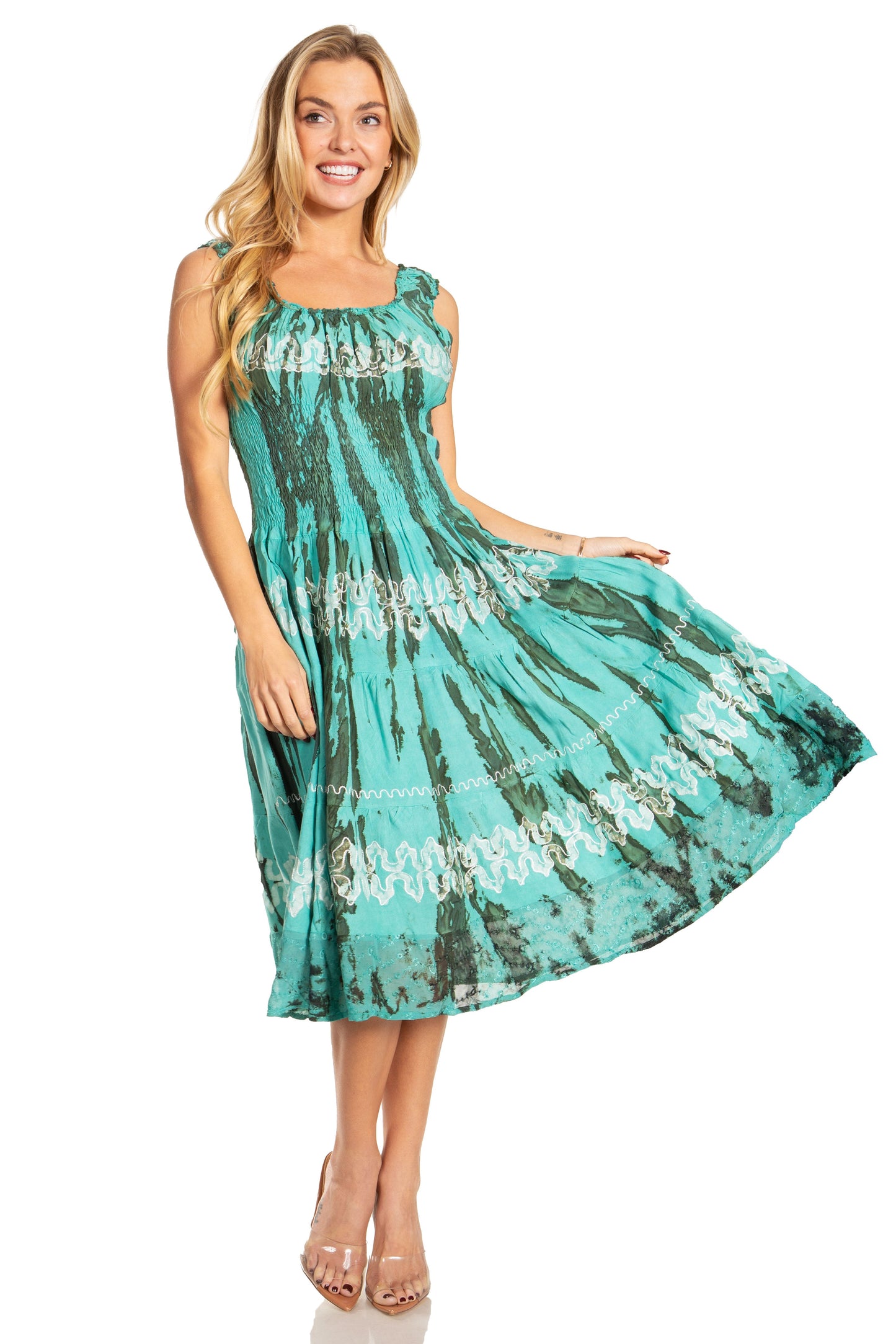 Sakkas Alba Women's Off The Shoulder Smock Ruffle Midi Dress Tie Dye & Embroidery - Concordia Style Boutique