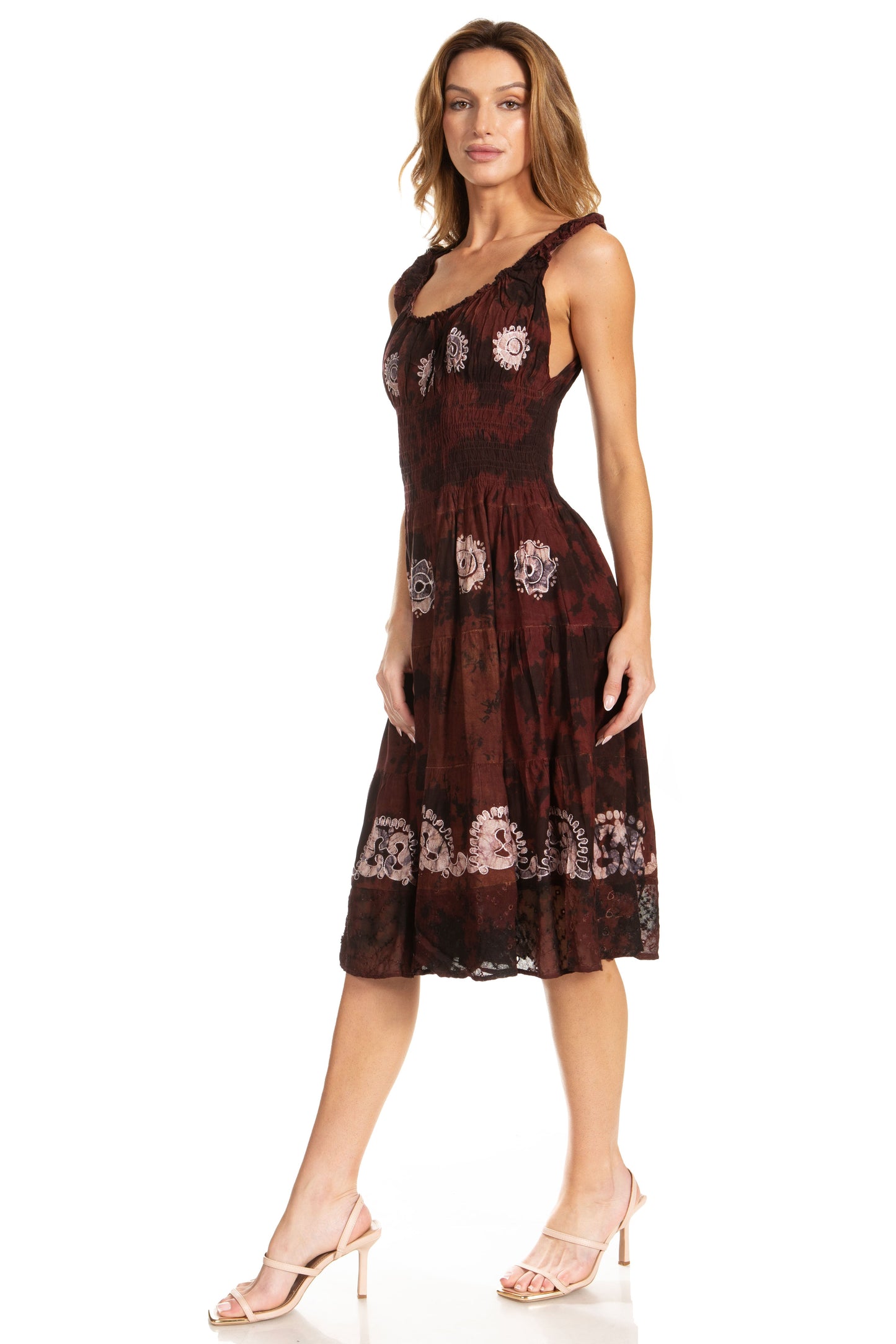 Sakkas Alba Women's Off The Shoulder Smock Ruffle Midi Dress Tie Dye & Embroidery - Concordia Style Boutique