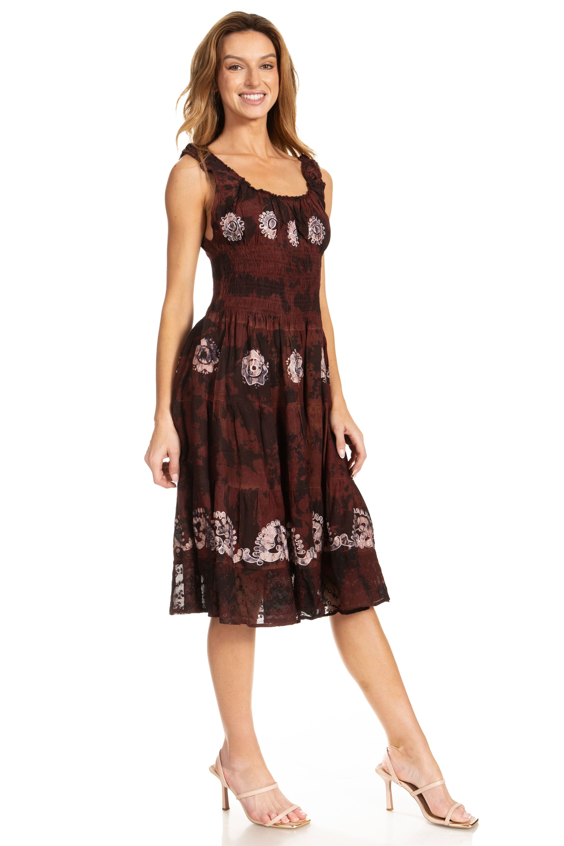 Sakkas Alba Women's Off The Shoulder Smock Ruffle Midi Dress Tie Dye & Embroidery - Concordia Style Boutique