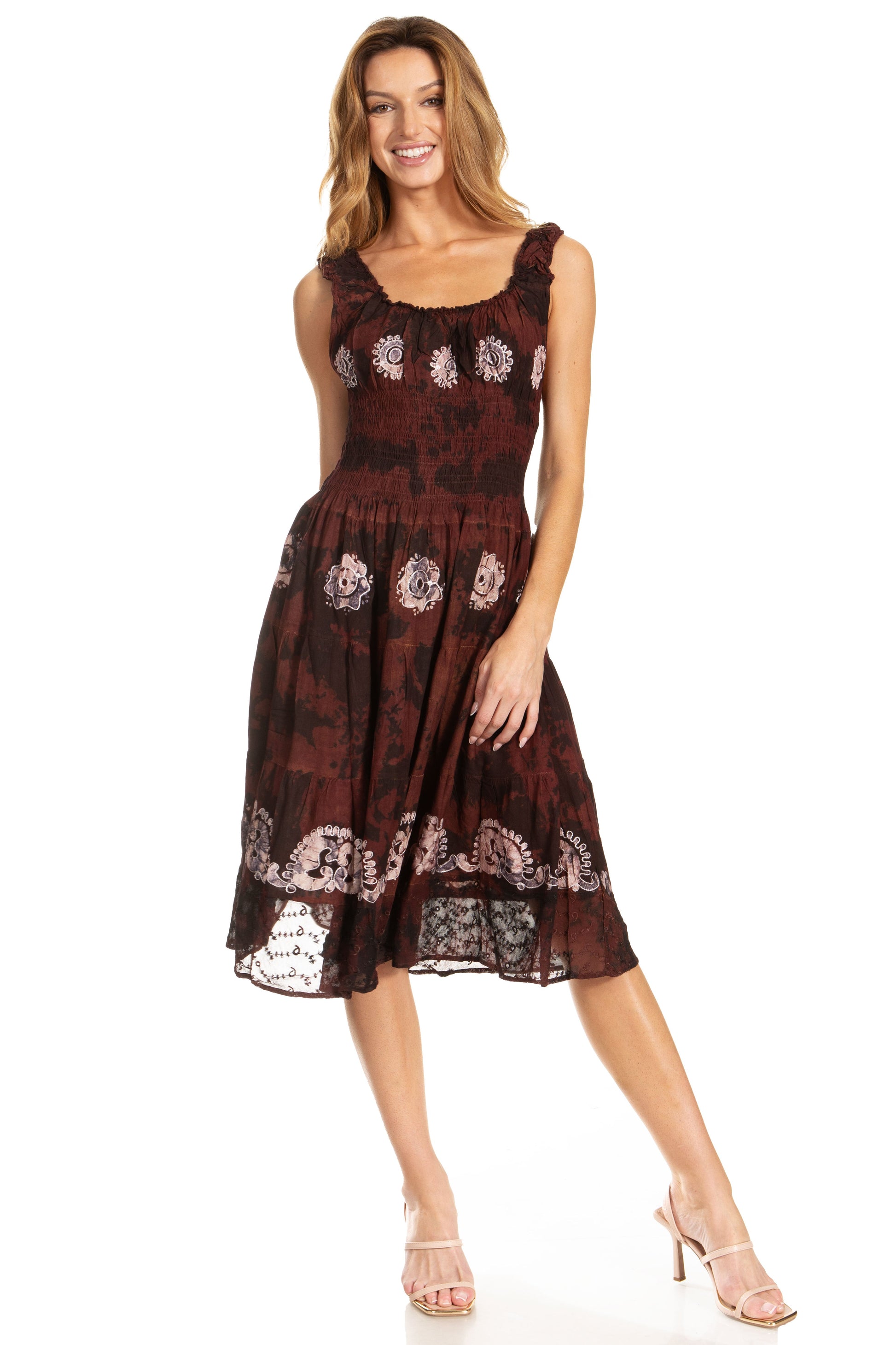 Sakkas Alba Women's Off The Shoulder Smock Ruffle Midi Dress Tie Dye & Embroidery - Concordia Style Boutique