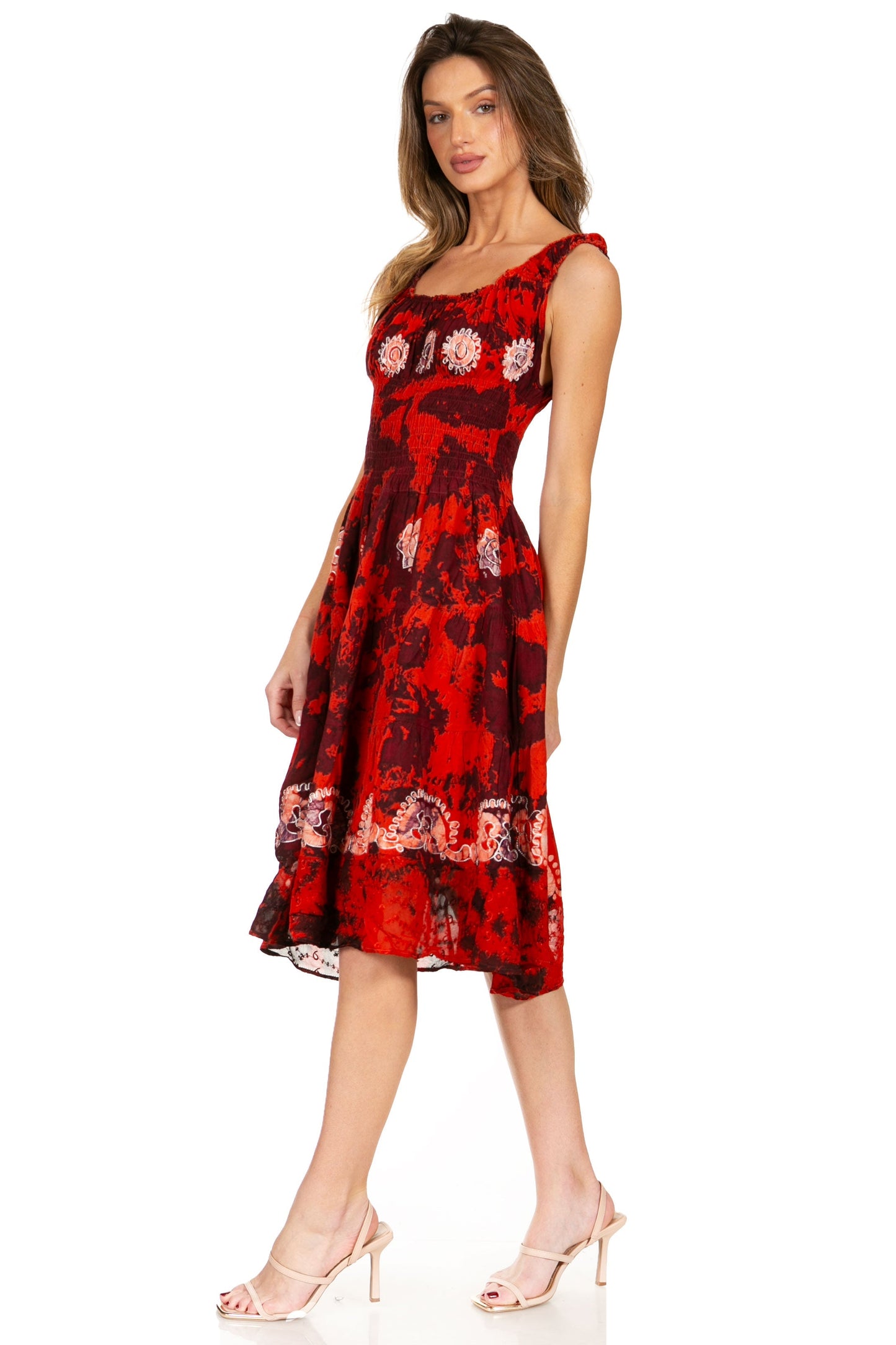 Sakkas Alba Women's Off The Shoulder Smock Ruffle Midi Dress Tie Dye & Embroidery - Concordia Style Boutique