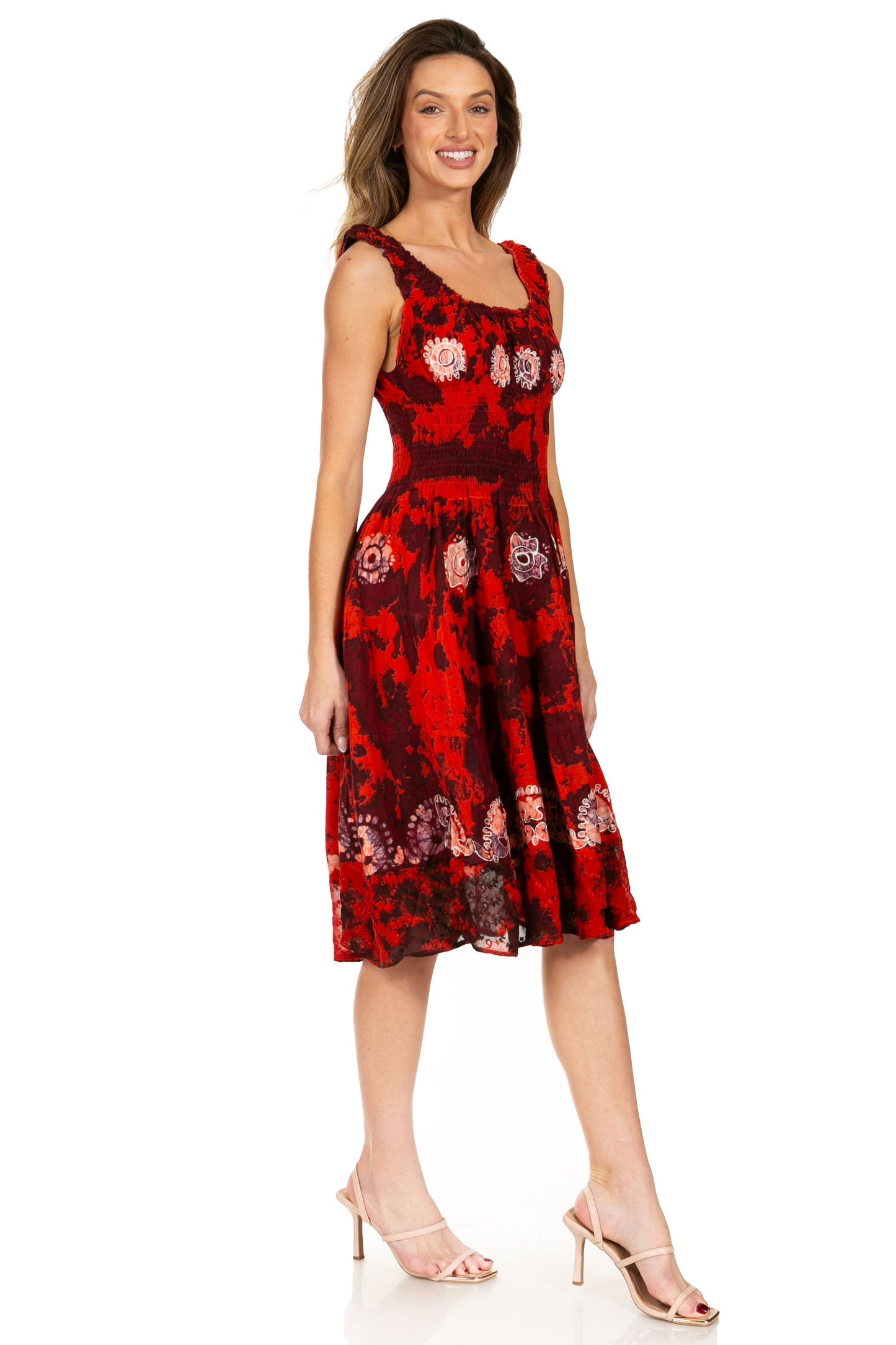 Sakkas Alba Women's Off The Shoulder Smock Ruffle Midi Dress Tie Dye & Embroidery - Concordia Style Boutique