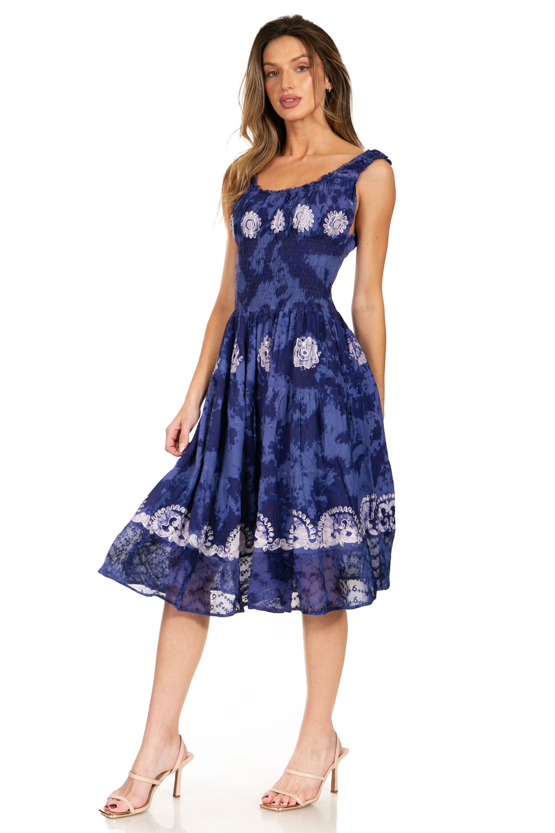 Sakkas Alba Women's Off The Shoulder Smock Ruffle Midi Dress Tie Dye & Embroidery - Concordia Style Boutique