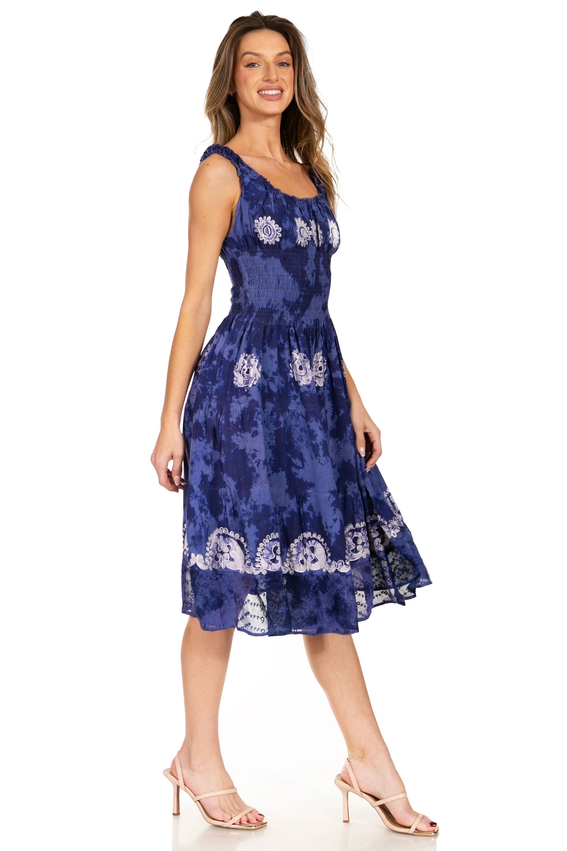 Sakkas Alba Women's Off The Shoulder Smock Ruffle Midi Dress Tie Dye & Embroidery - Concordia Style Boutique