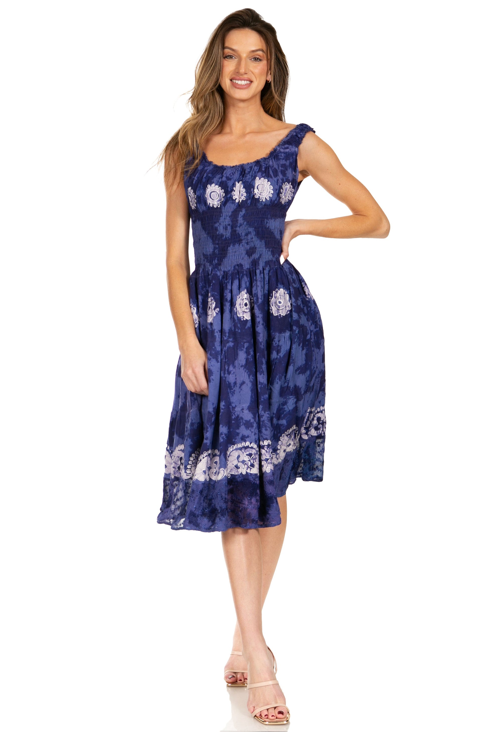 Sakkas Alba Women's Off The Shoulder Smock Ruffle Midi Dress Tie Dye & Embroidery - Concordia Style Boutique