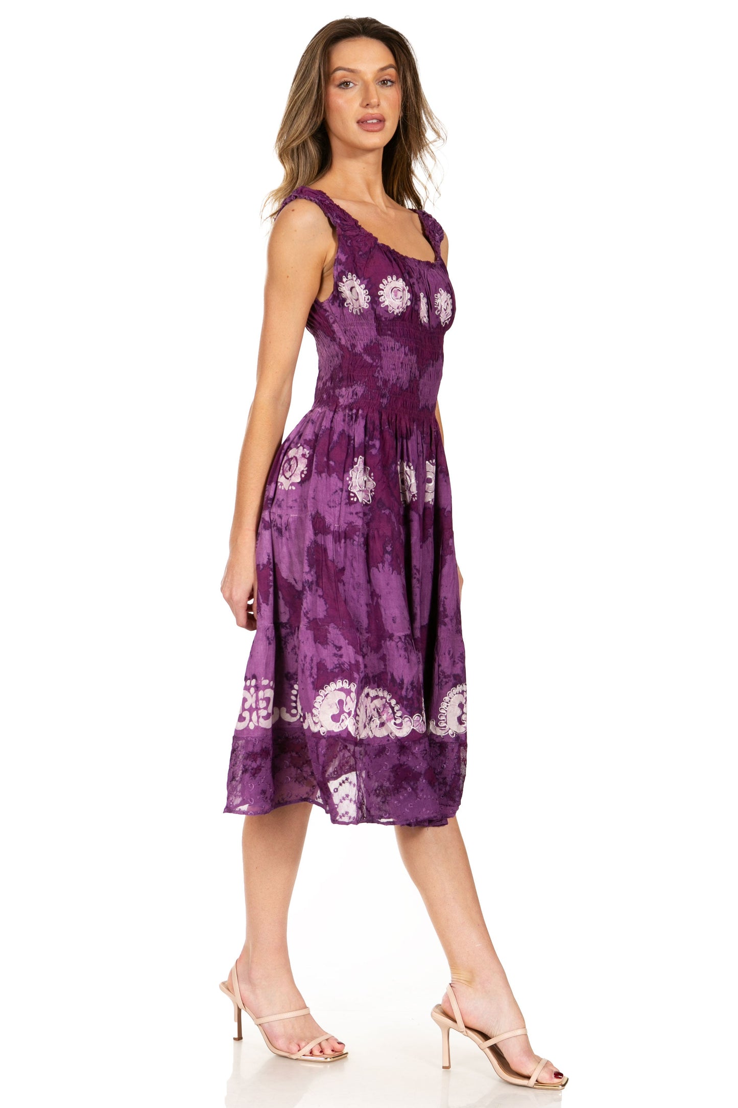 Sakkas Alba Women's Off The Shoulder Smock Ruffle Midi Dress Tie Dye & Embroidery - Concordia Style Boutique