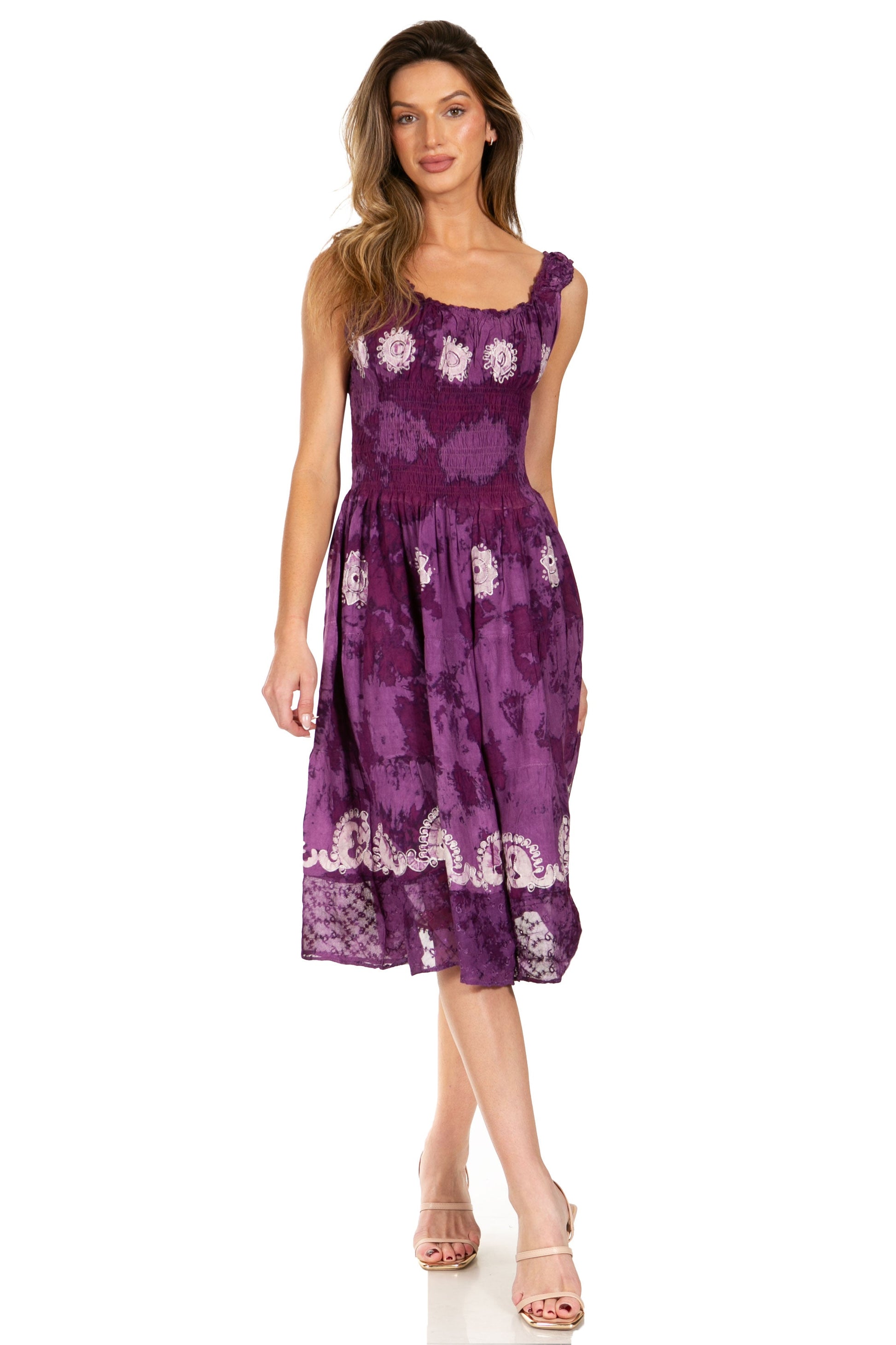 Sakkas Alba Women's Off The Shoulder Smock Ruffle Midi Dress Tie Dye & Embroidery - Concordia Style Boutique