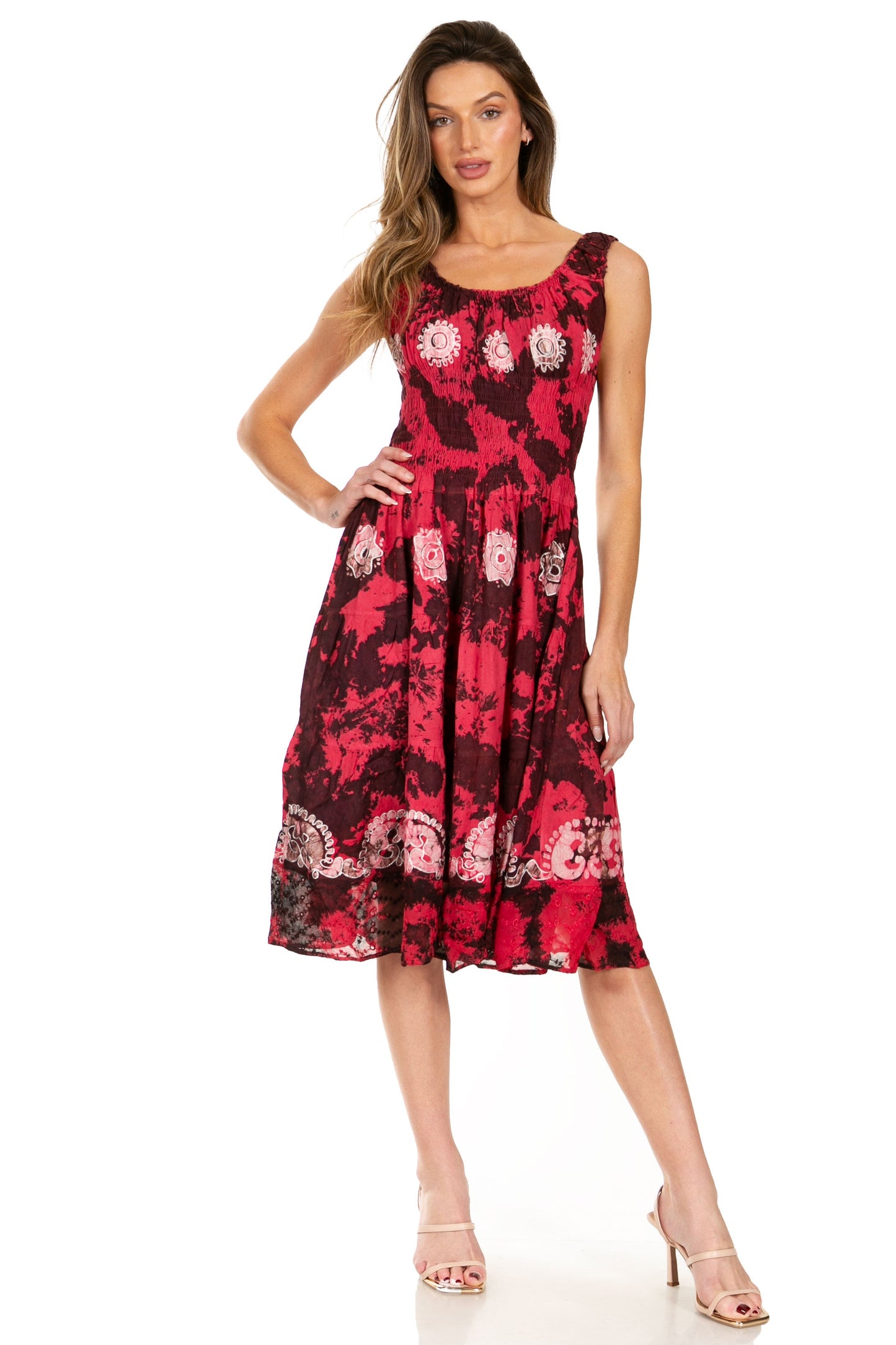 Sakkas Alba Women's Off The Shoulder Smock Ruffle Midi Dress Tie Dye & Embroidery - Concordia Style Boutique