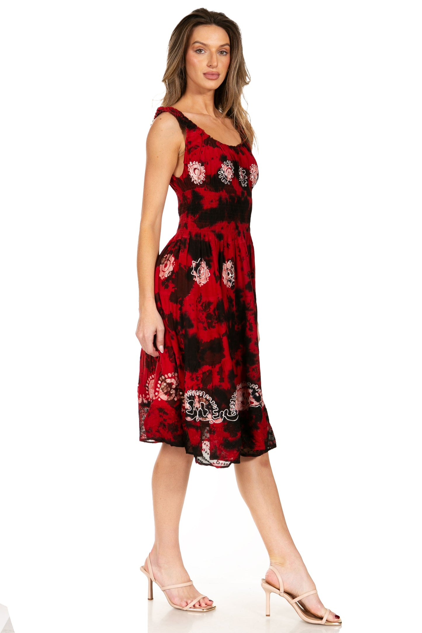 Sakkas Alba Women's Off The Shoulder Smock Ruffle Midi Dress Tie Dye & Embroidery - Concordia Style Boutique