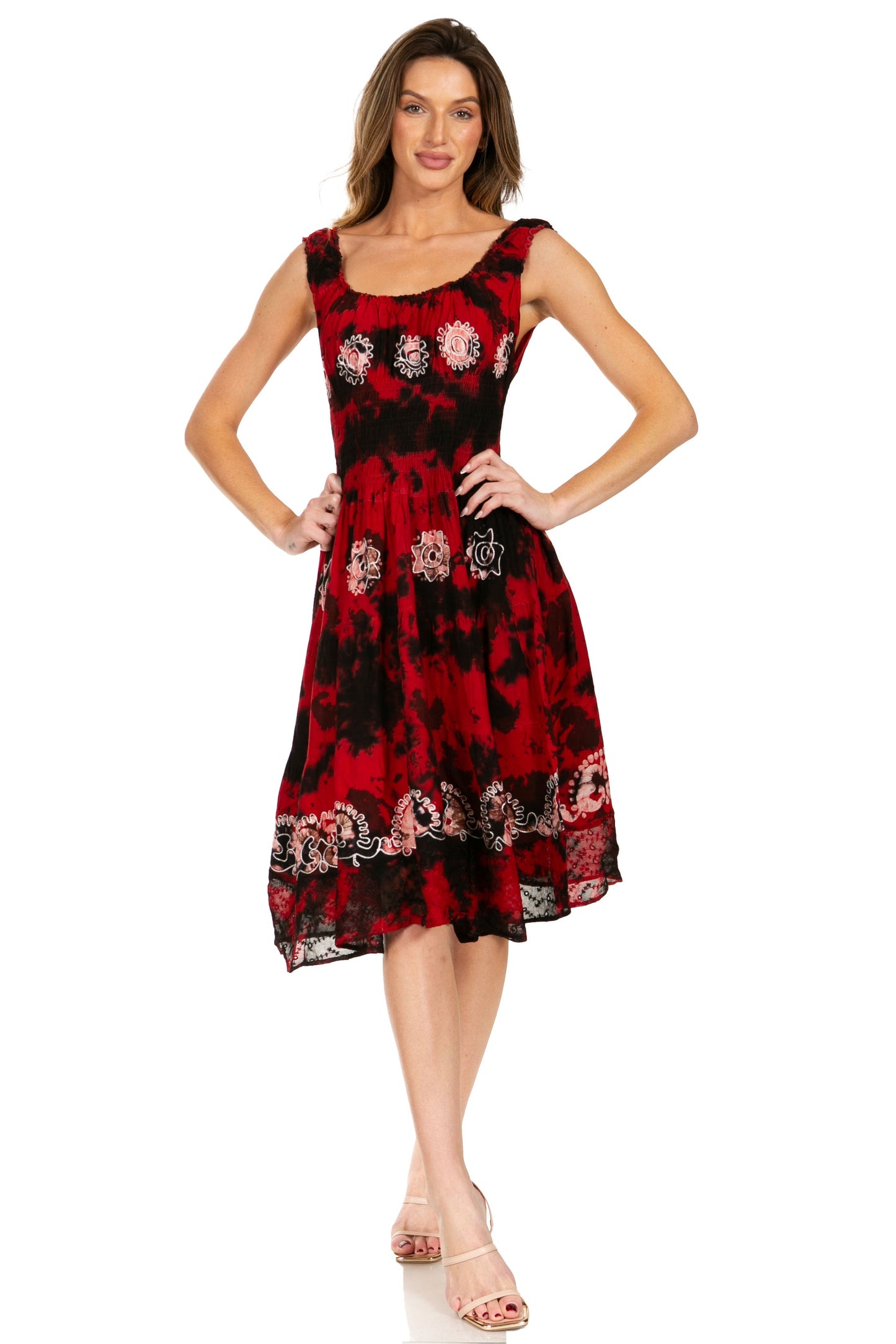 Sakkas Alba Women's Off The Shoulder Smock Ruffle Midi Dress Tie Dye & Embroidery - Concordia Style Boutique