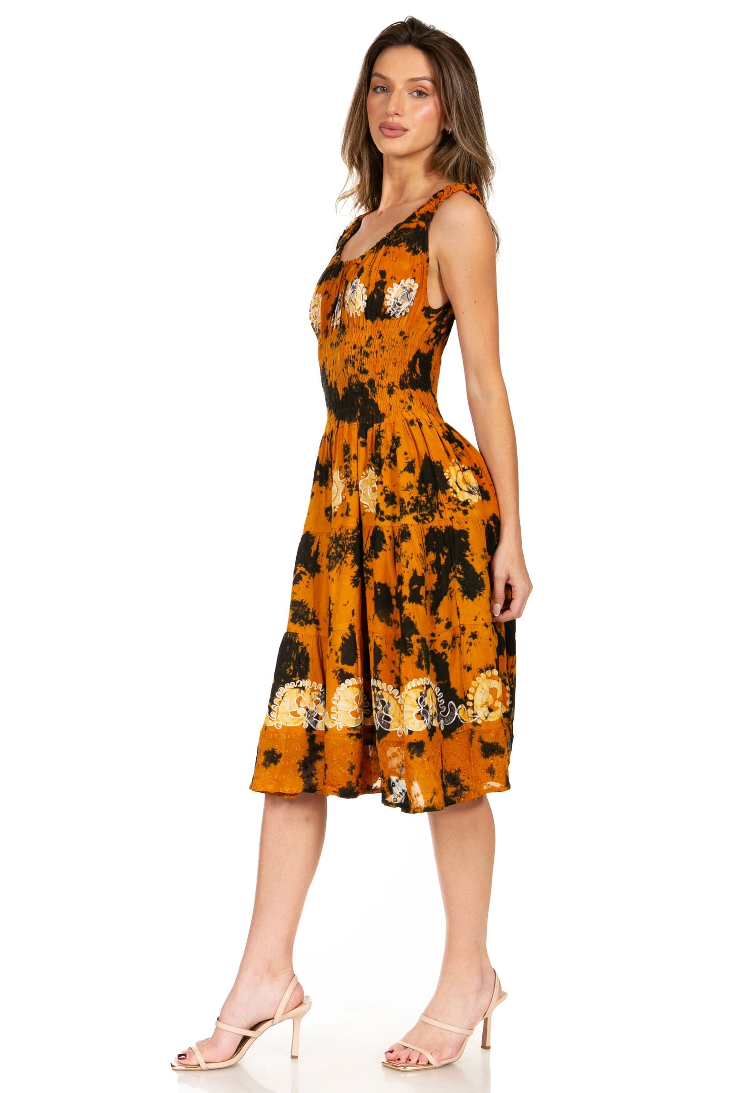 Sakkas Alba Women's Off The Shoulder Smock Ruffle Midi Dress Tie Dye & Embroidery - Concordia Style Boutique