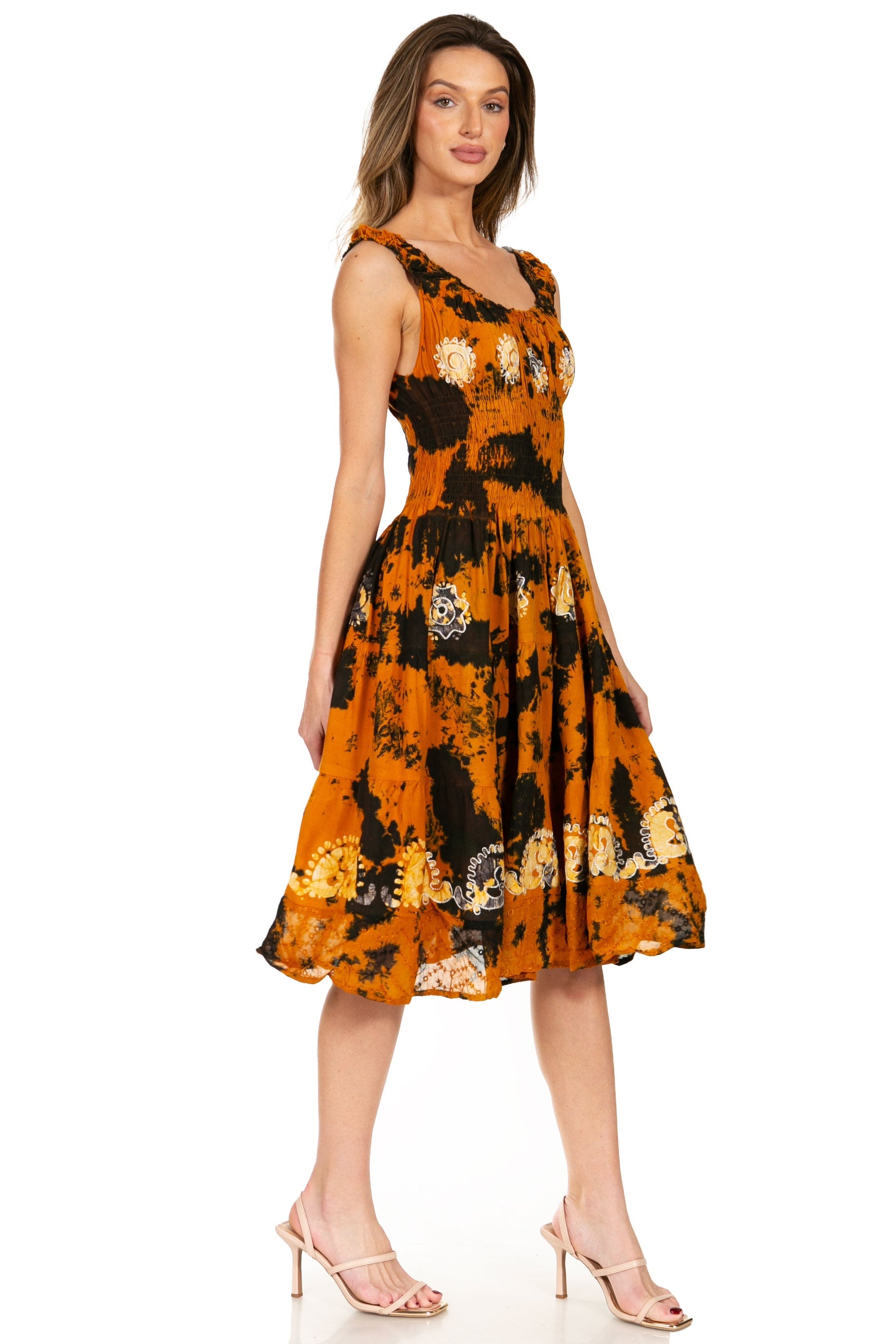 Sakkas Alba Women's Off The Shoulder Smock Ruffle Midi Dress Tie Dye & Embroidery - Concordia Style Boutique