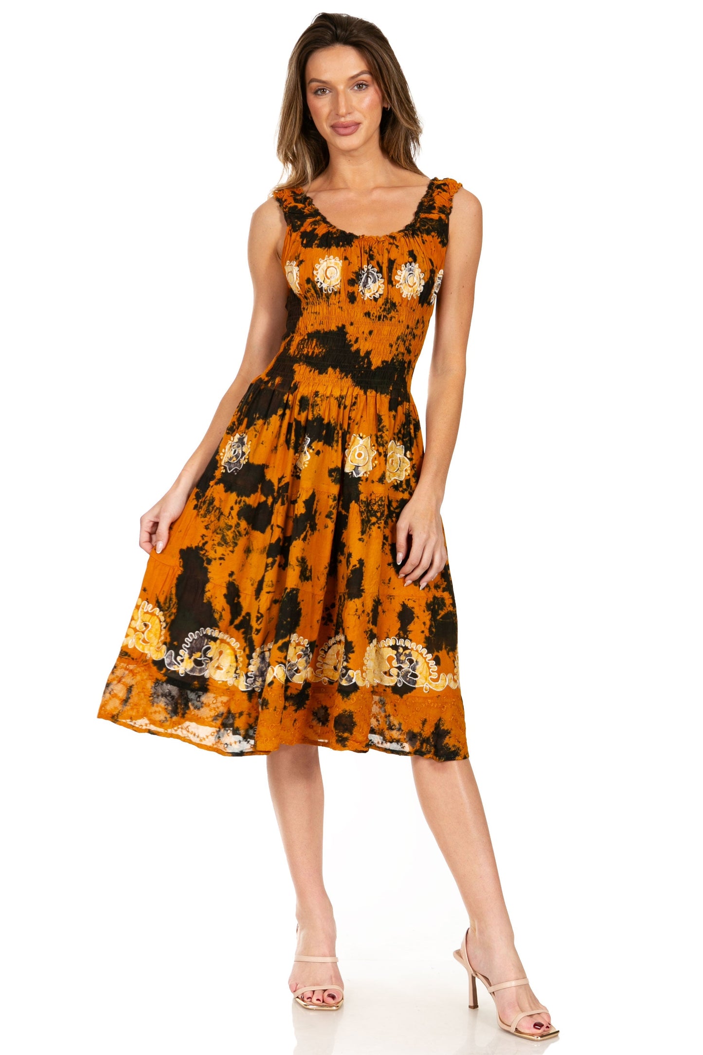 Sakkas Alba Women's Off The Shoulder Smock Ruffle Midi Dress Tie Dye & Embroidery - Concordia Style Boutique
