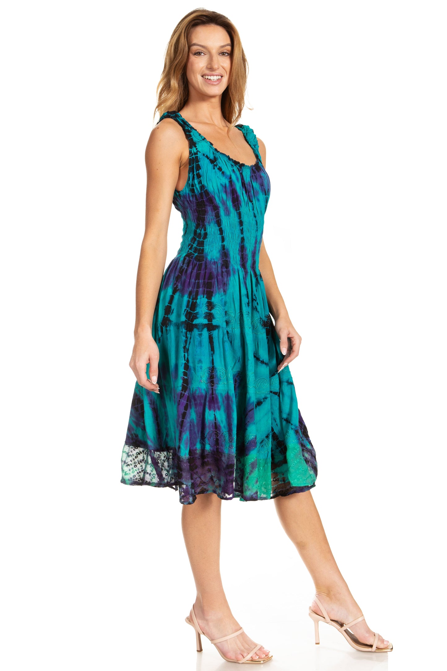Sakkas Alba Women's Off The Shoulder Smock Ruffle Midi Dress Tie Dye & Embroidery - Concordia Style Boutique
