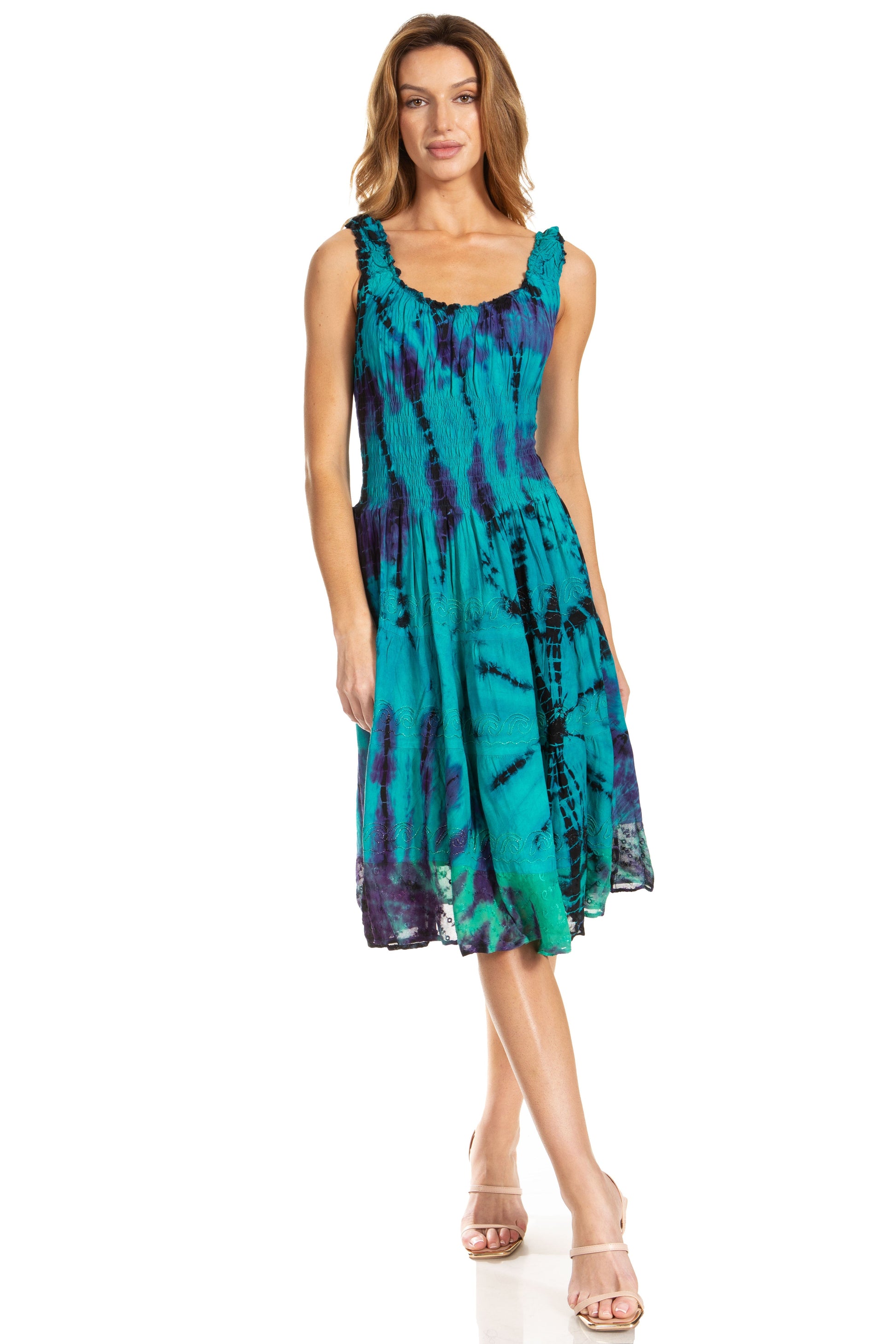 Sakkas Alba Women's Off The Shoulder Smock Ruffle Midi Dress Tie Dye & Embroidery - Concordia Style Boutique