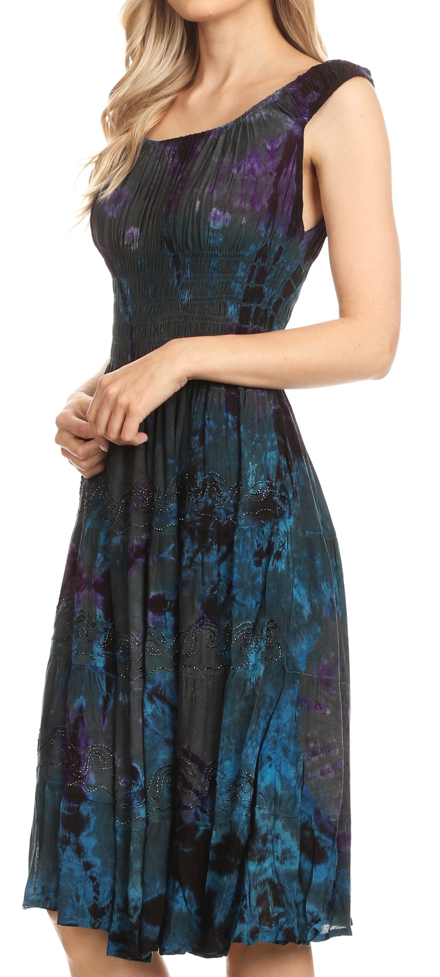 Sakkas Alba Women's Off The Shoulder Smock Ruffle Midi Dress Tie Dye & Embroidery - Concordia Style Boutique
