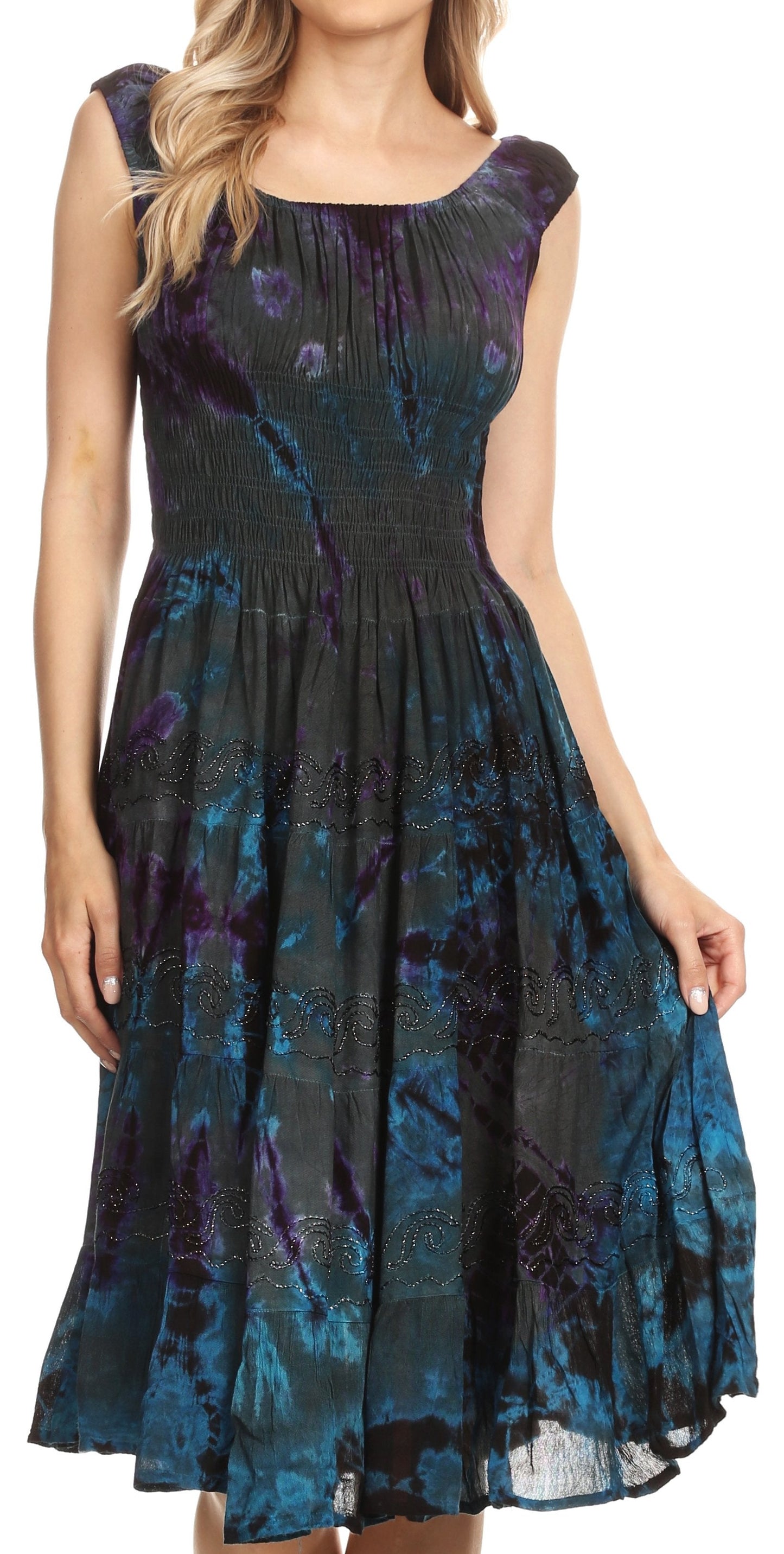 Sakkas Alba Women's Off The Shoulder Smock Ruffle Midi Dress Tie Dye & Embroidery - Concordia Style Boutique