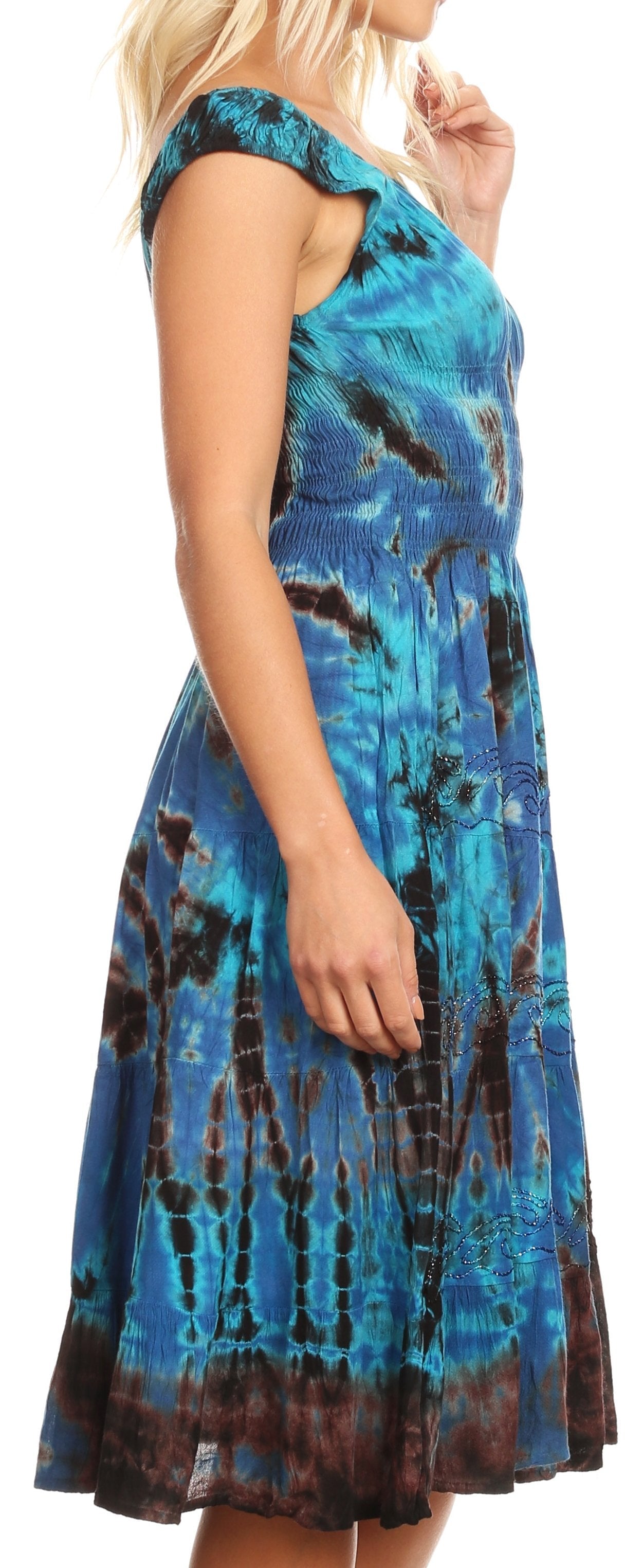Sakkas Alba Women's Off The Shoulder Smock Ruffle Midi Dress Tie Dye & Embroidery - Concordia Style Boutique