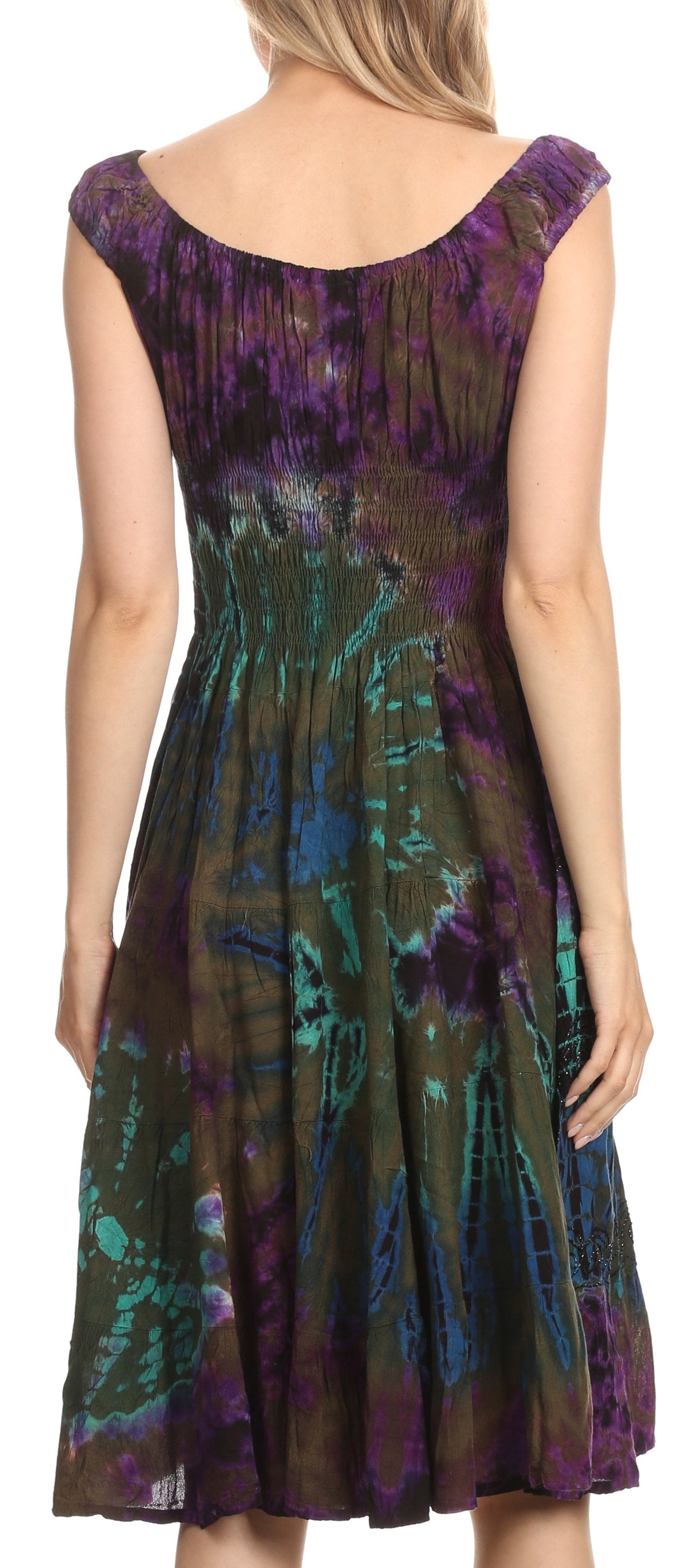 Sakkas Alba Women's Off The Shoulder Smock Ruffle Midi Dress Tie Dye & Embroidery - Concordia Style Boutique