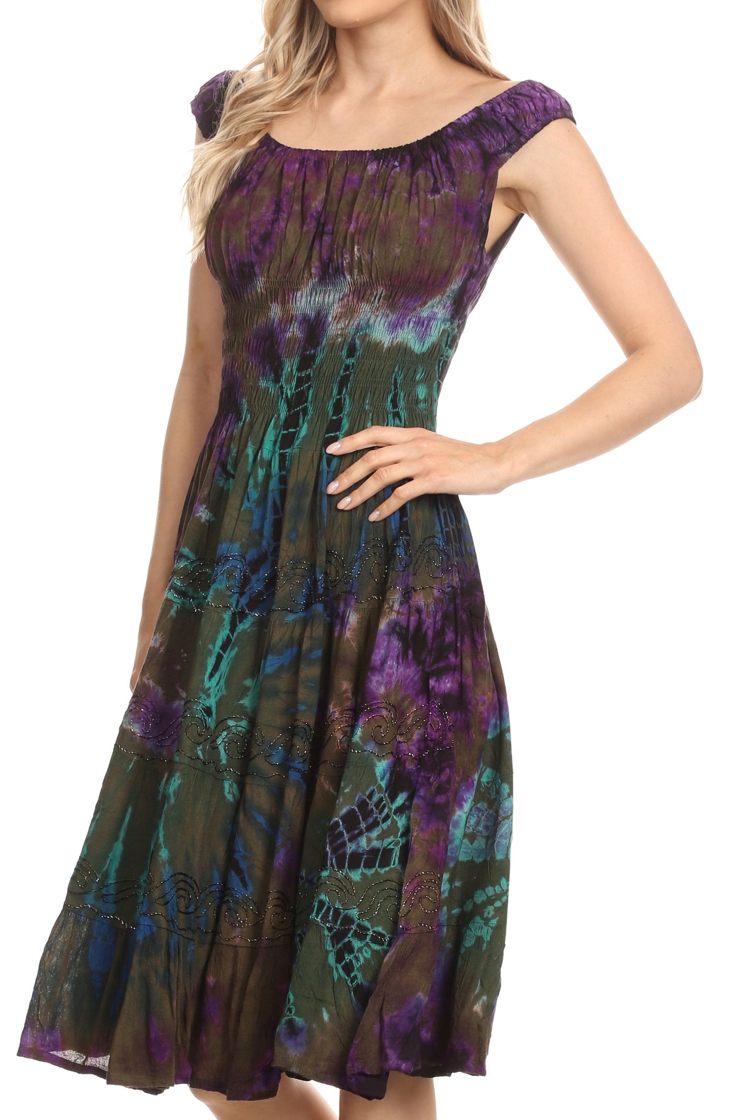 Sakkas Alba Women's Off The Shoulder Smock Ruffle Midi Dress Tie Dye & Embroidery - Concordia Style Boutique