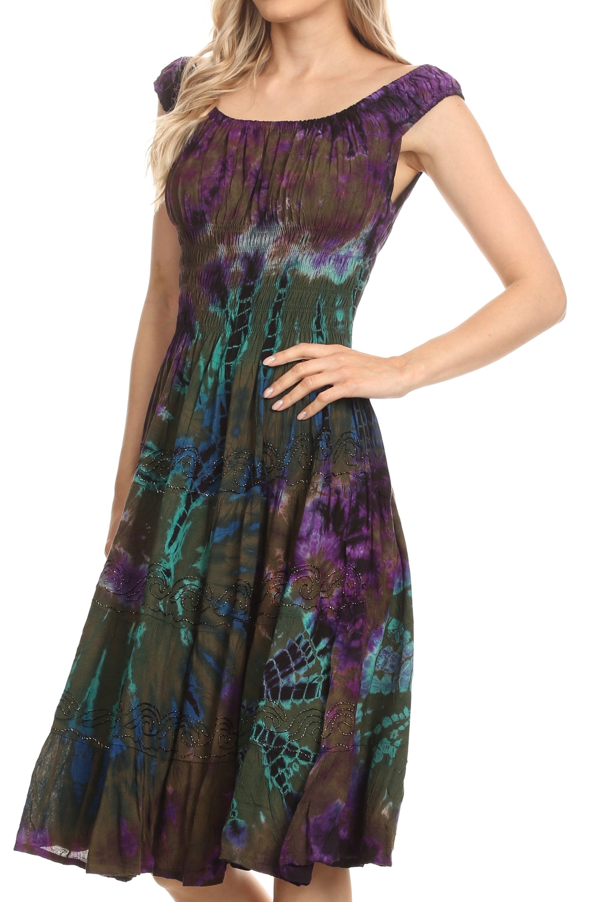 Sakkas Alba Women's Off The Shoulder Smock Ruffle Midi Dress Tie Dye & Embroidery - Concordia Style Boutique