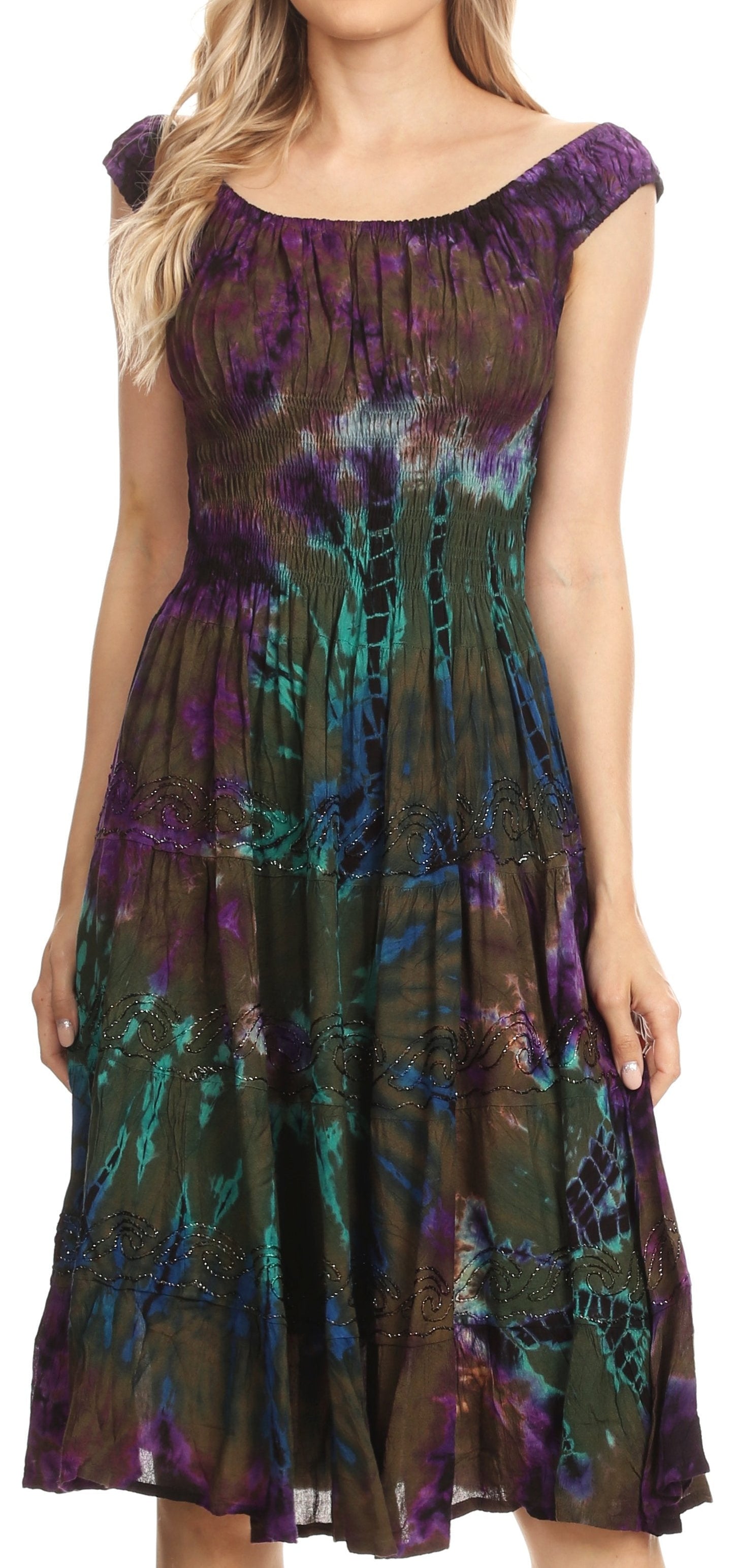 Sakkas Alba Women's Off The Shoulder Smock Ruffle Midi Dress Tie Dye & Embroidery - Concordia Style Boutique