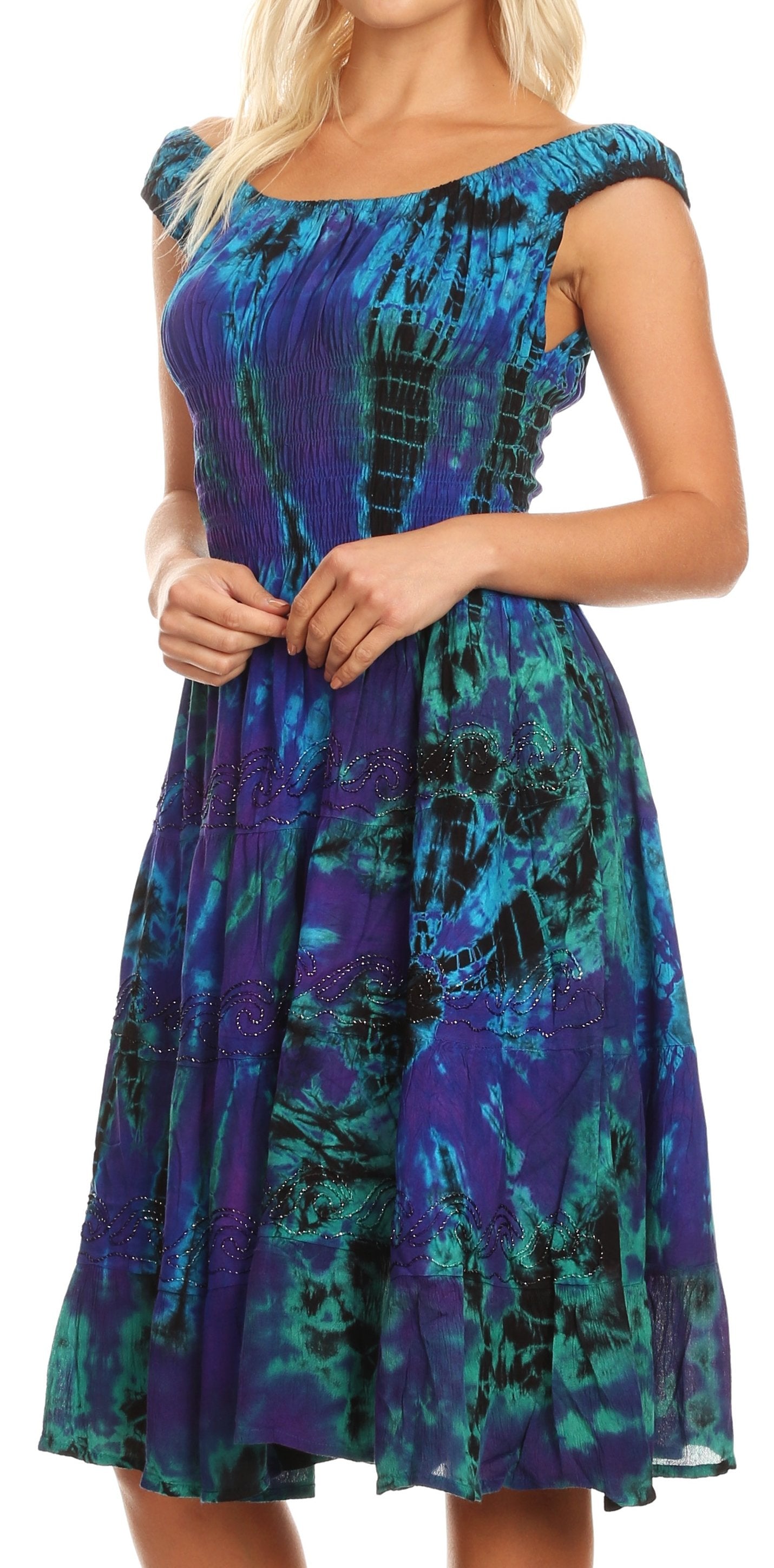 Sakkas Alba Women's Off The Shoulder Smock Ruffle Midi Dress Tie Dye & Embroidery - Concordia Style Boutique