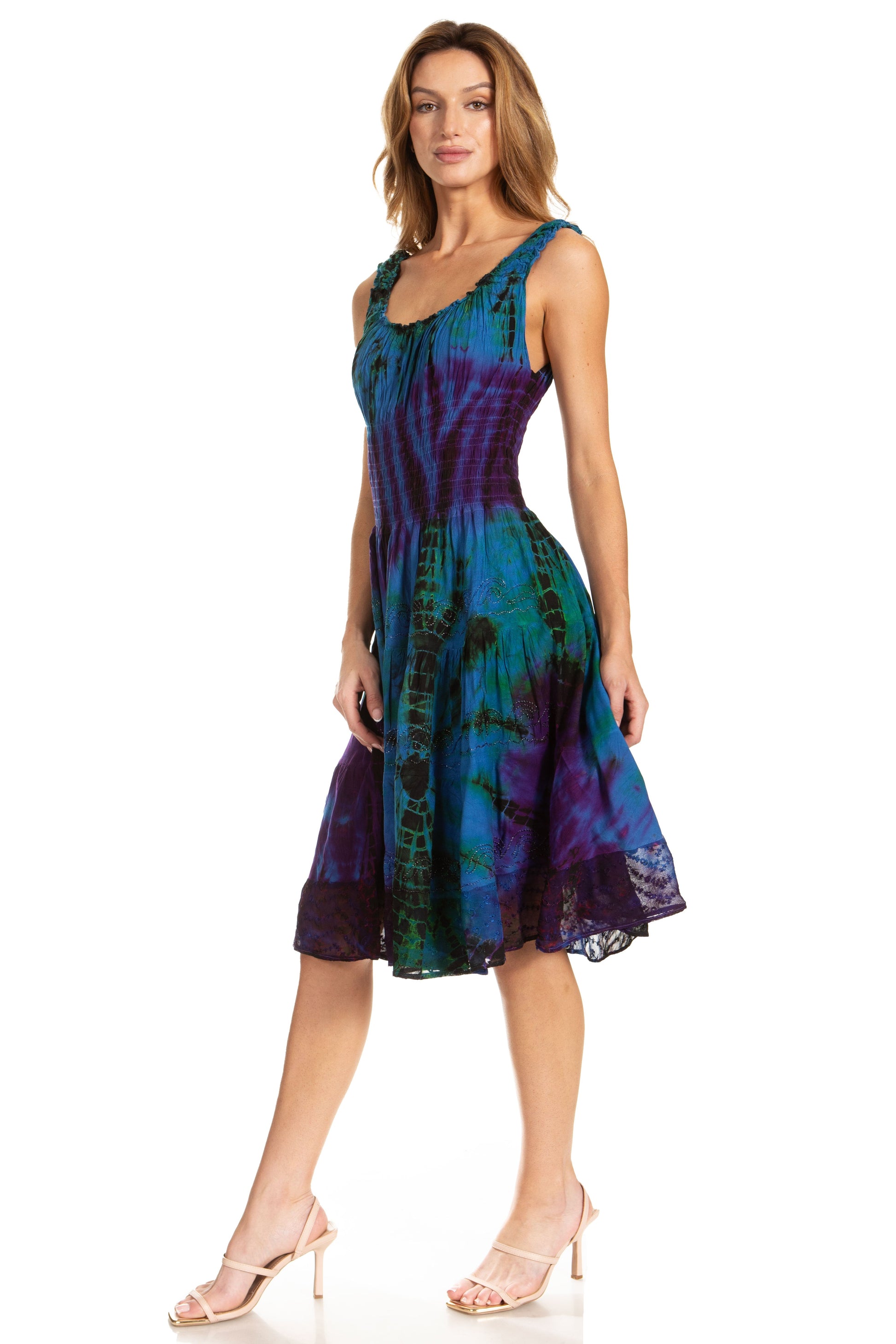 Sakkas Alba Women's Off The Shoulder Smock Ruffle Midi Dress Tie Dye & Embroidery - Concordia Style Boutique