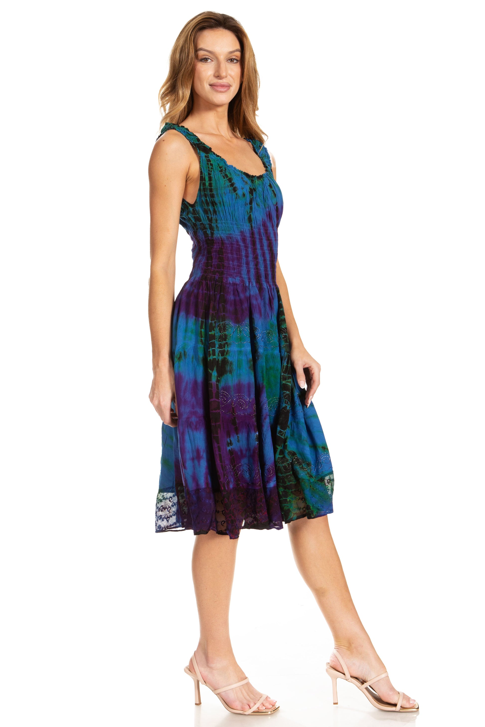Sakkas Alba Women's Off The Shoulder Smock Ruffle Midi Dress Tie Dye & Embroidery - Concordia Style Boutique