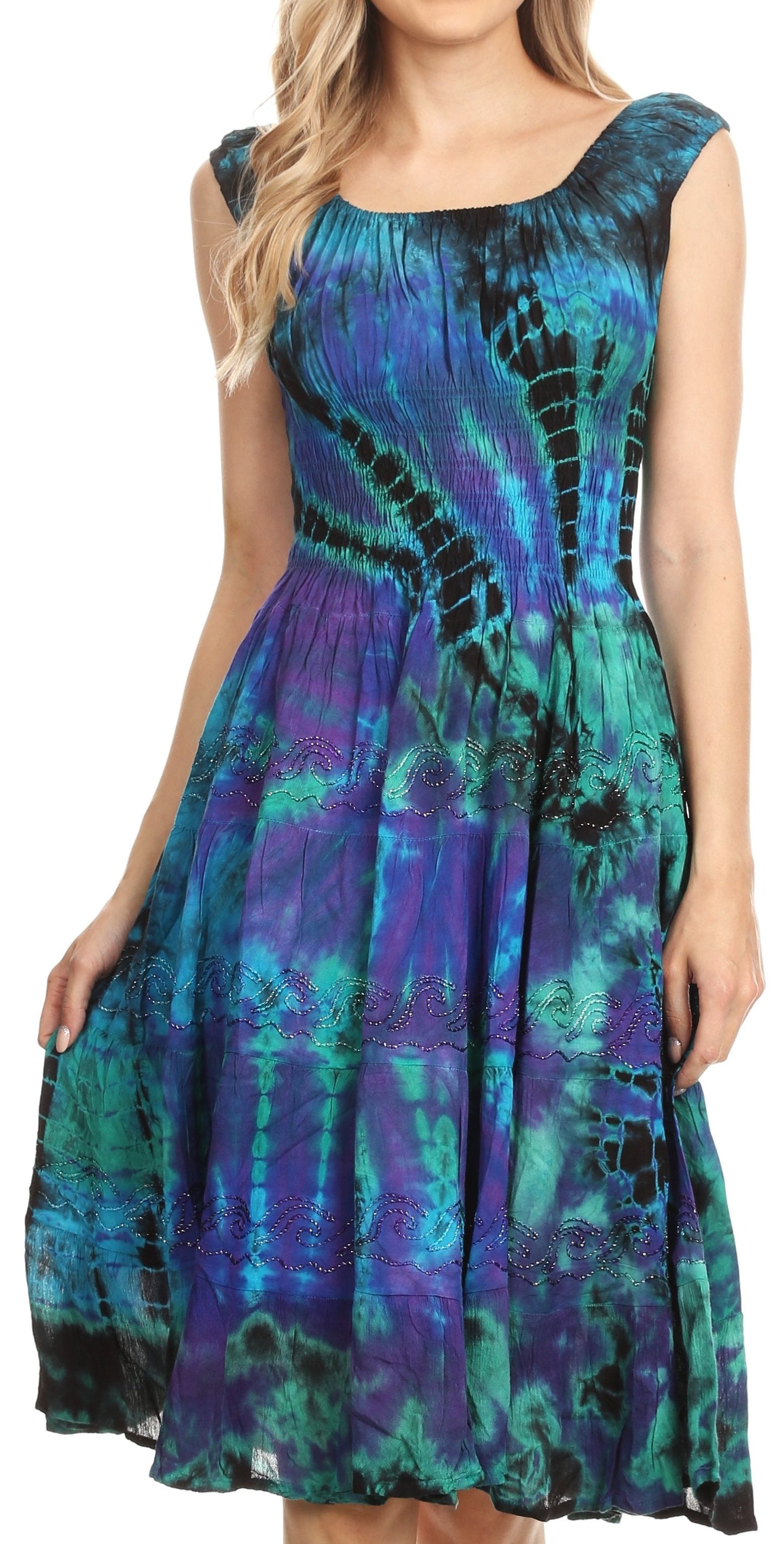 Sakkas Alba Women's Off The Shoulder Smock Ruffle Midi Dress Tie Dye & Embroidery - Concordia Style Boutique