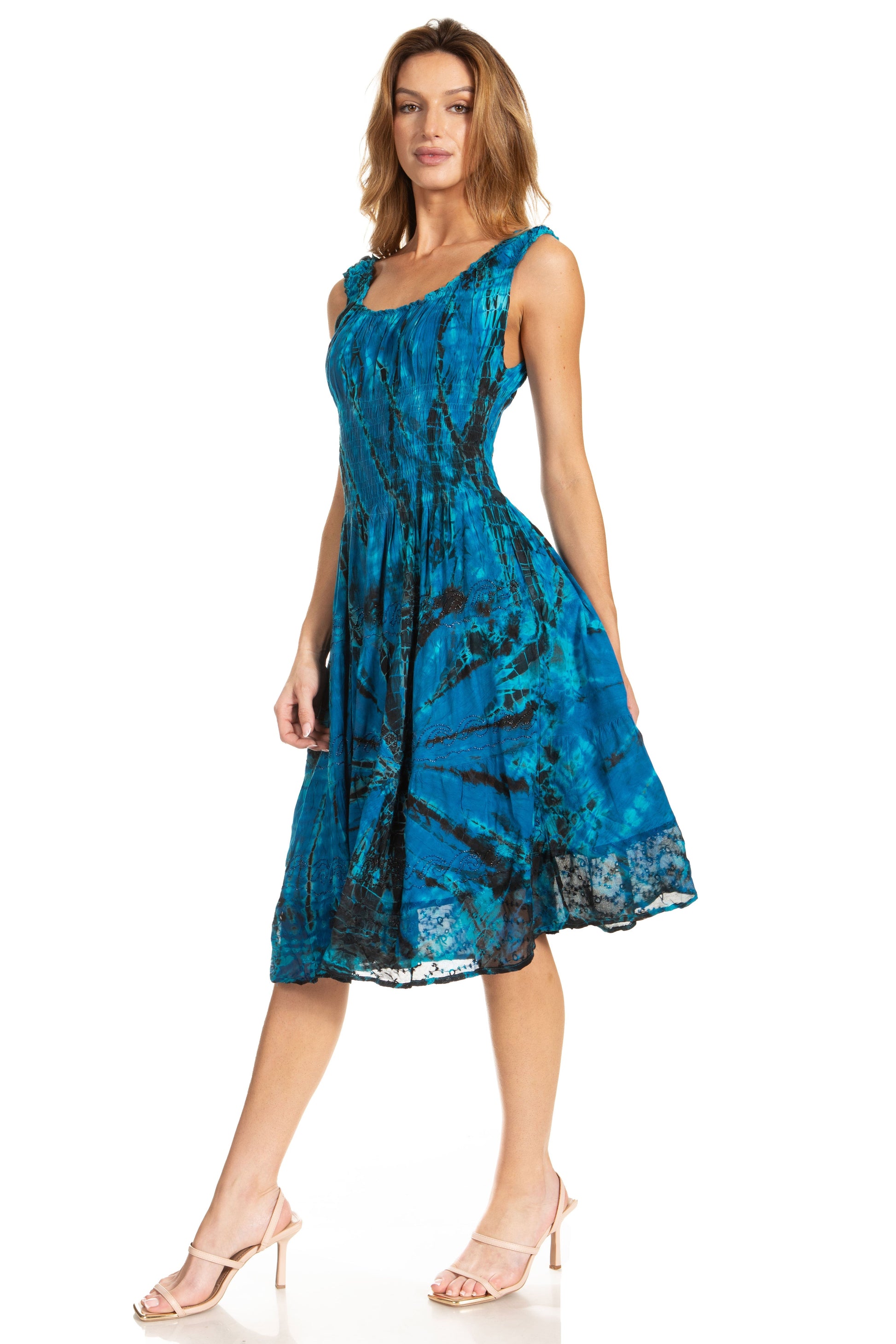 Sakkas Alba Women's Off The Shoulder Smock Ruffle Midi Dress Tie Dye & Embroidery - Concordia Style Boutique