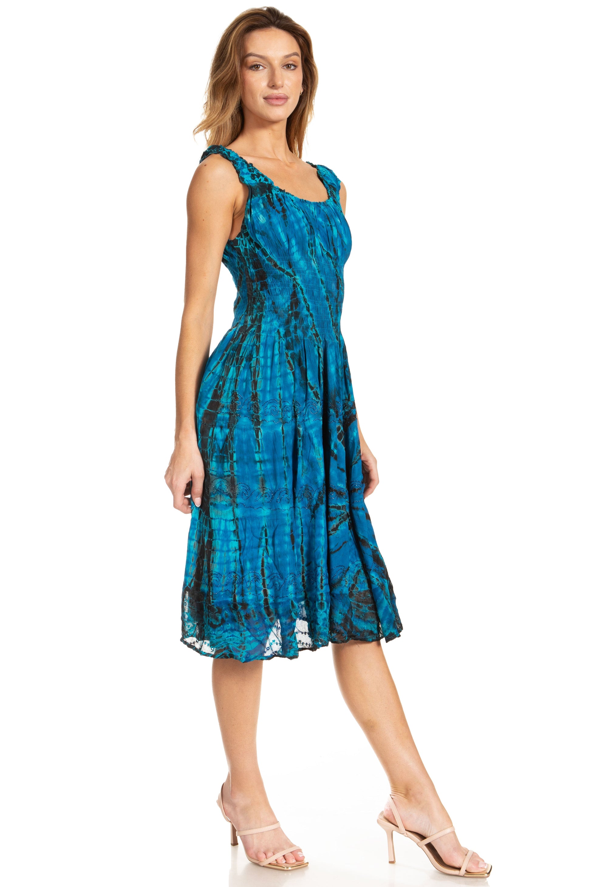 Sakkas Alba Women's Off The Shoulder Smock Ruffle Midi Dress Tie Dye & Embroidery - Concordia Style Boutique