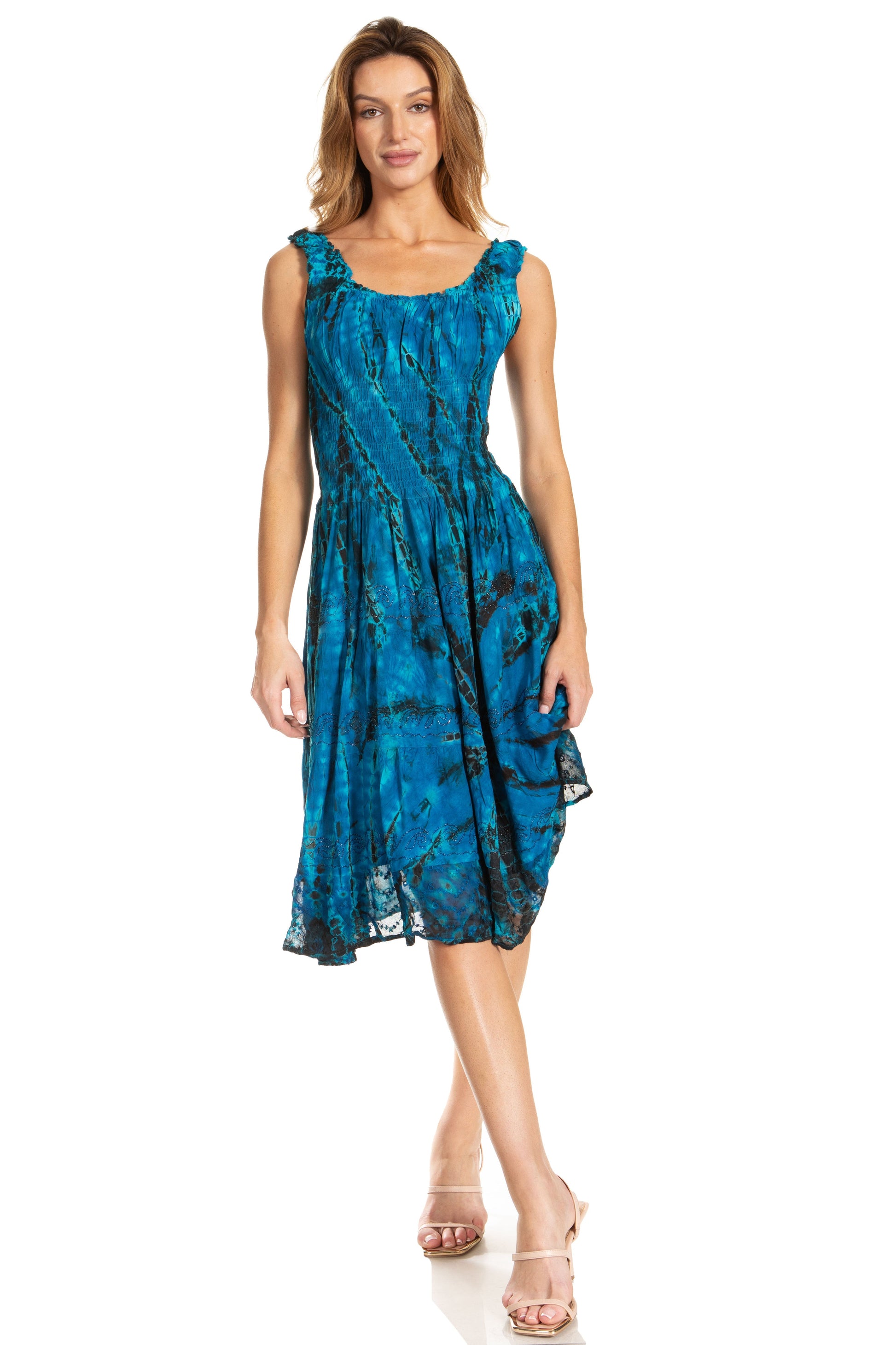 Sakkas Alba Women's Off The Shoulder Smock Ruffle Midi Dress Tie Dye & Embroidery - Concordia Style Boutique